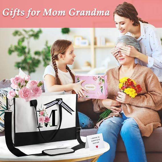 TRSODD Birthday Gifts for Women Mothers Day Gifts for Mom Wife Grandma Daughter Sister Teacher Initial Tote Bag and Makeup Bag