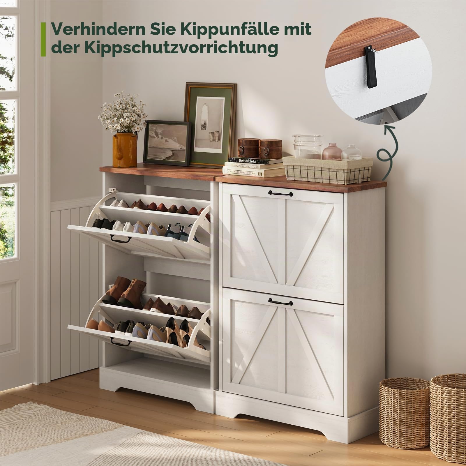 Smart FENDEE Schuhschrank, Schuhschrank für den Eingangsbereich, mit 2 Klappschubladen, schmaler Bauernhaus-Schuh-Organizer-Schrank, schmaler Schuhregal, Weiß