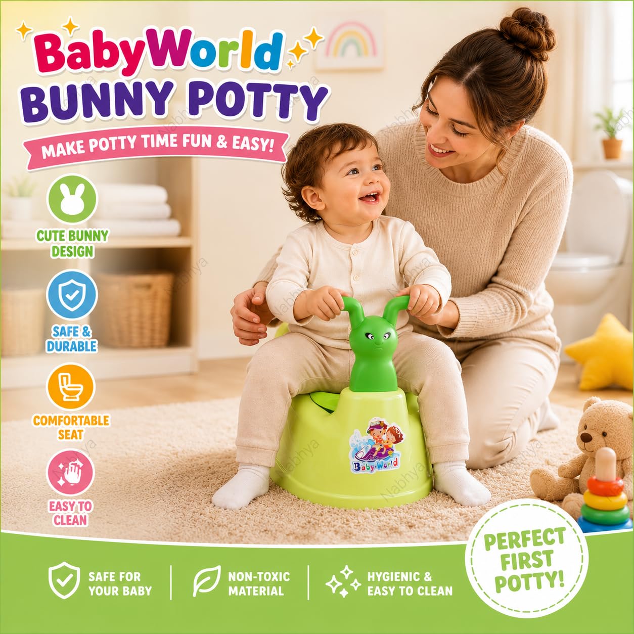 Nabhya Plastic Toilet Trainer Baby Potty Seat Cartoon Face with Removable Tray & Closing Lid (Green) Pack of 1 1