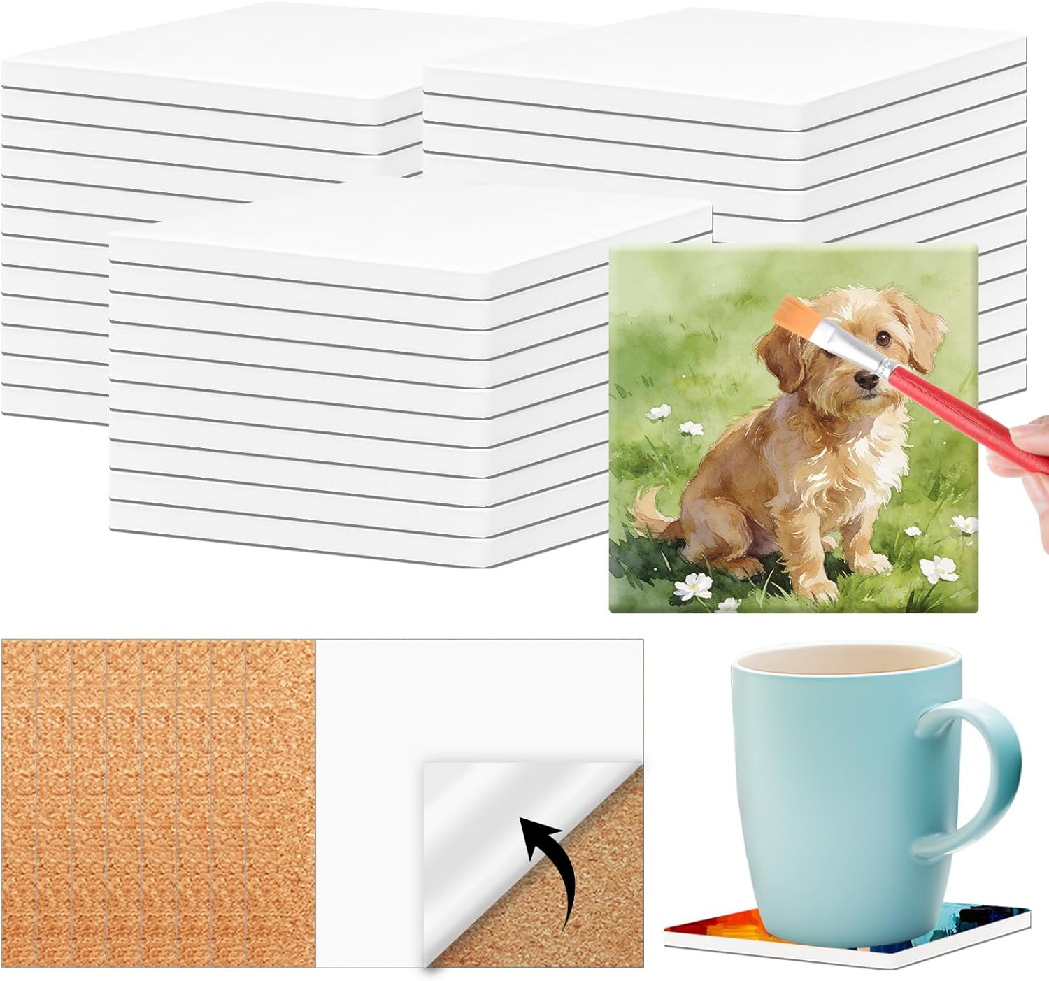 36 PCS Ceramic Tiles for Crafts and self-Adhesive Cork mat,unglazed Ceramic Coasters for Crafts,Use with Alcohol Ink or Acrylic Pouring Make Your Own DIY Coasters