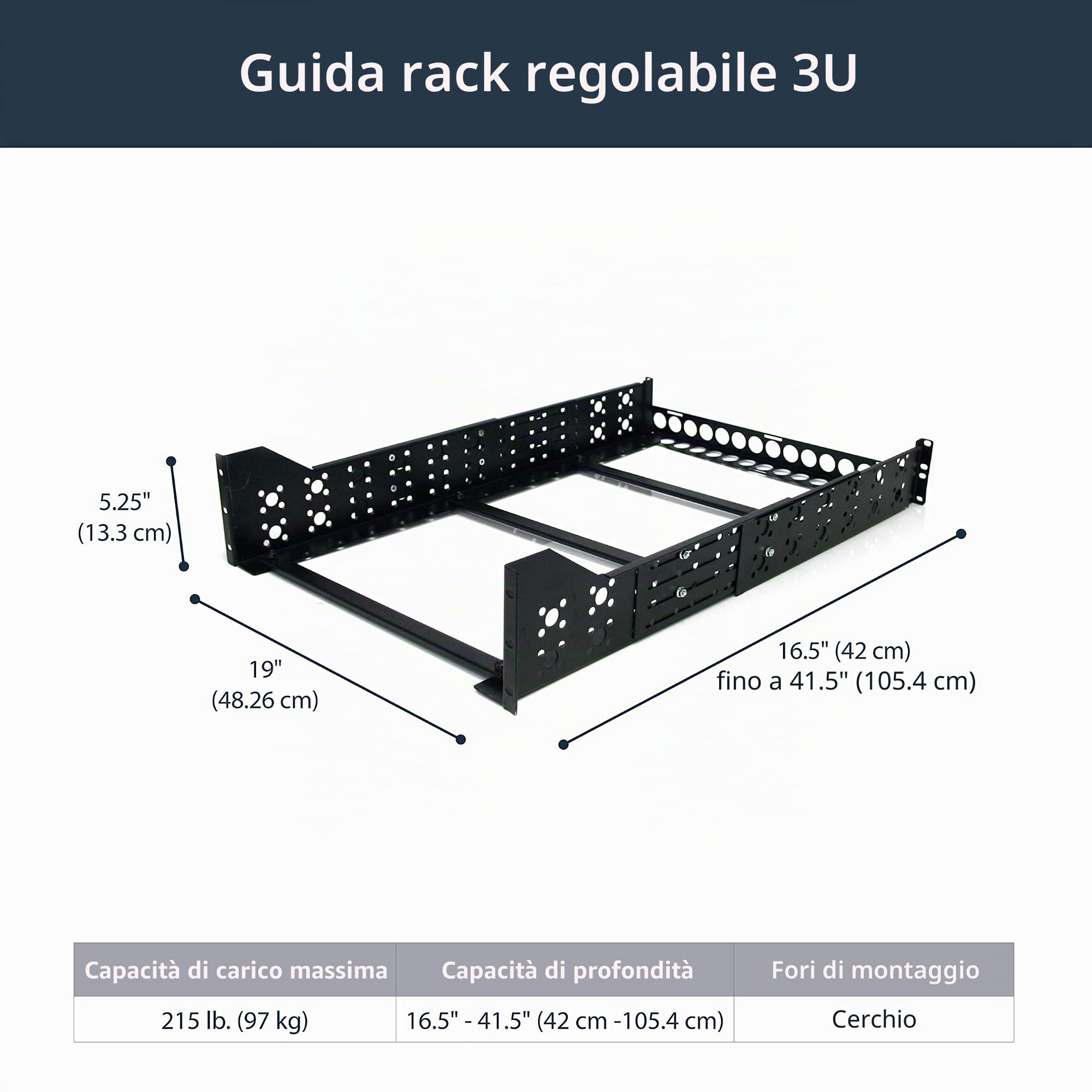 StarTech.com 3U Universal Server Rack Rails - TAA Compliant Fixed Mounting Rails - 19" Adjustable Depth Rack Mount Rails | Staffe di Montaggio per Armadio Rack 19 pollici, Portata 97kg, Profondita Regolabile