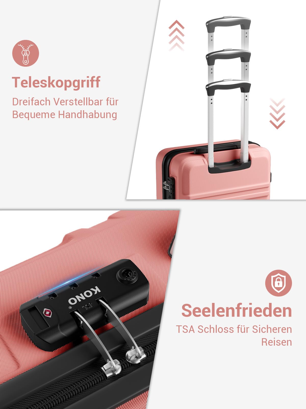 KONO mittelgroßer Koffer Hartschale ABS+PC, Reisekoffer Trolley mit TSA Schloss, Leichter Koffer mit Rollen für Urlaub, Familienreise & Business (Roségold, 66 cm)