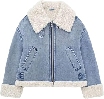 Womens Winter Wool Sherpa Jean Jacket Warm Sherpa Fur Fleece Lined Collar Denim Coat Trucker Jacket Outerwear