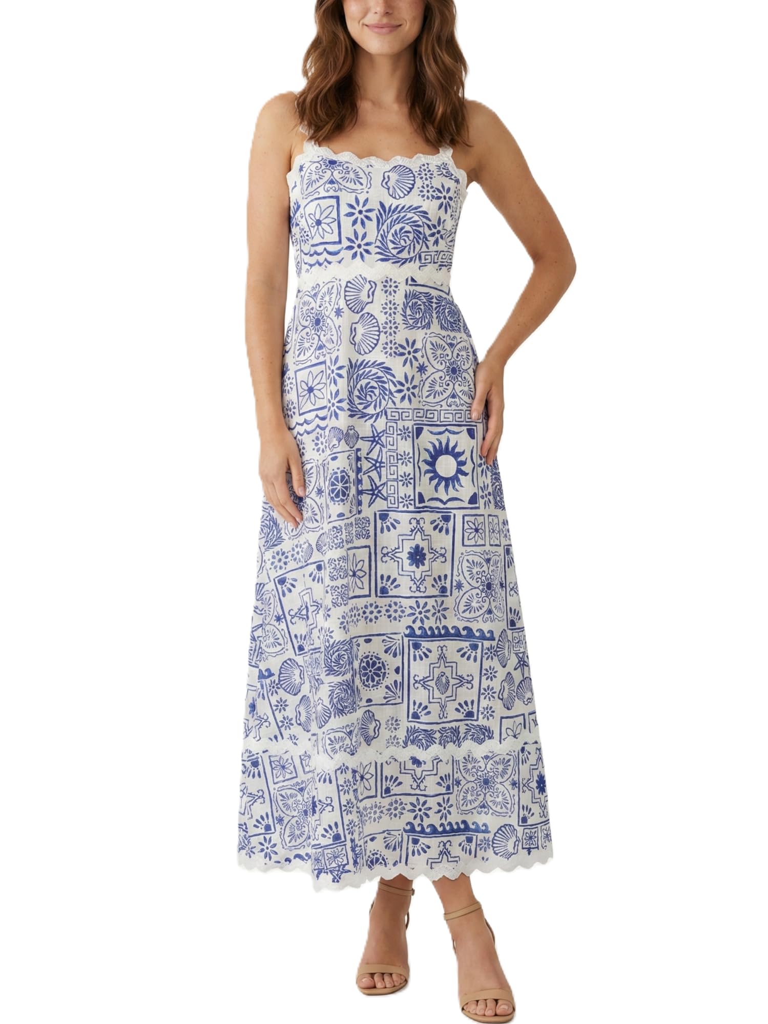 LunaJany Women's Classy Sleeveless Lemon Print Maxi RIC Rac Dress