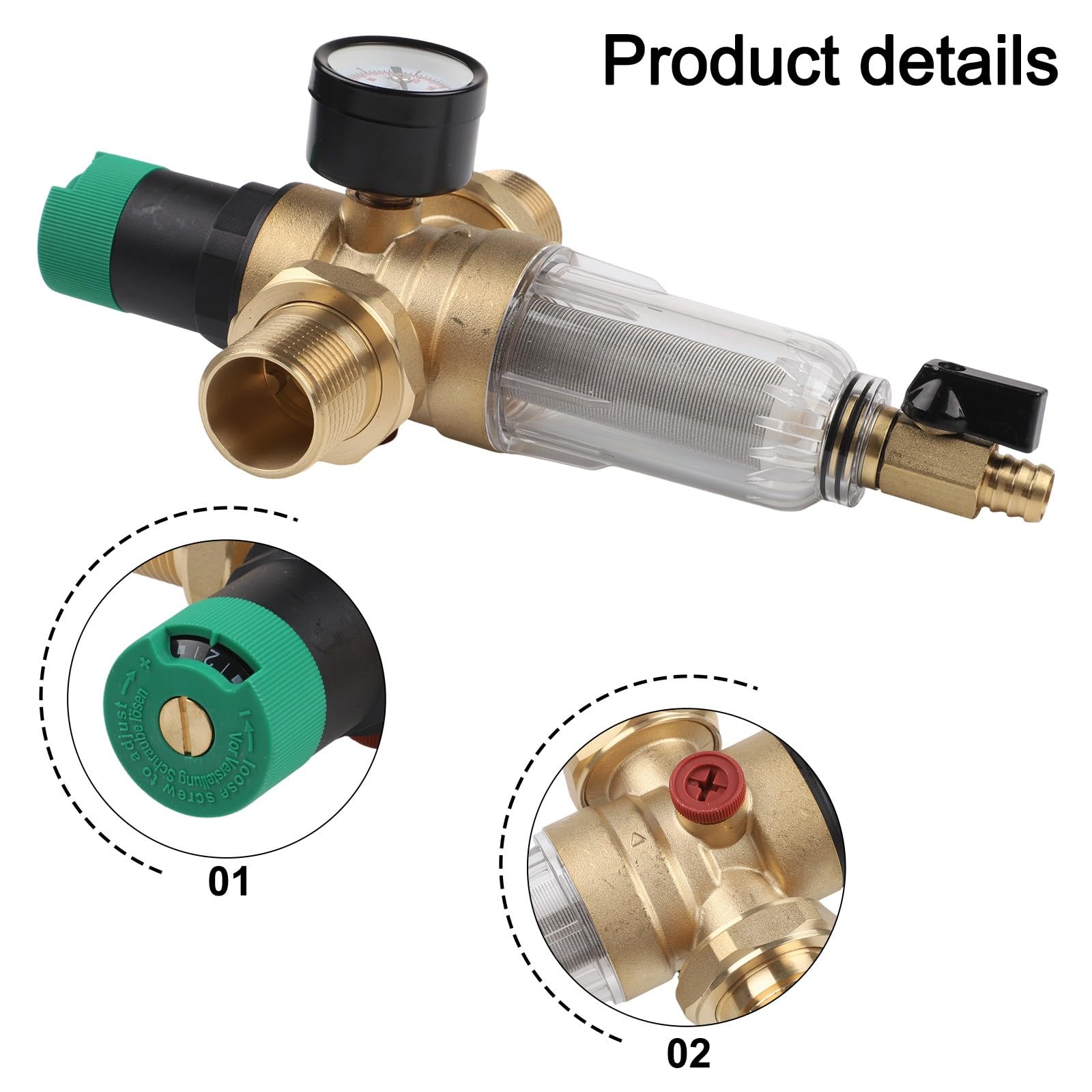 Riduttore di pressione dell'acqua con filtro di ritorno e manometro, in ottone resistente alle infiammazioni, filtro integrato in acciaio inox per impianti idrici domestici, regolabile DN15