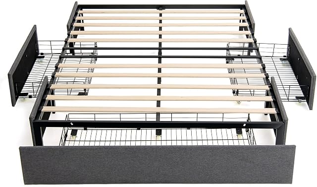COSTWAY 5FT King Size Bed Frame with 3 Underbed Storage Drawers, Platform Bed Mattress Foundation, Wooden Slat Support Linen Fabric Bedstead Base for Adults, Kids and Teenagers, No Box Spring Needed