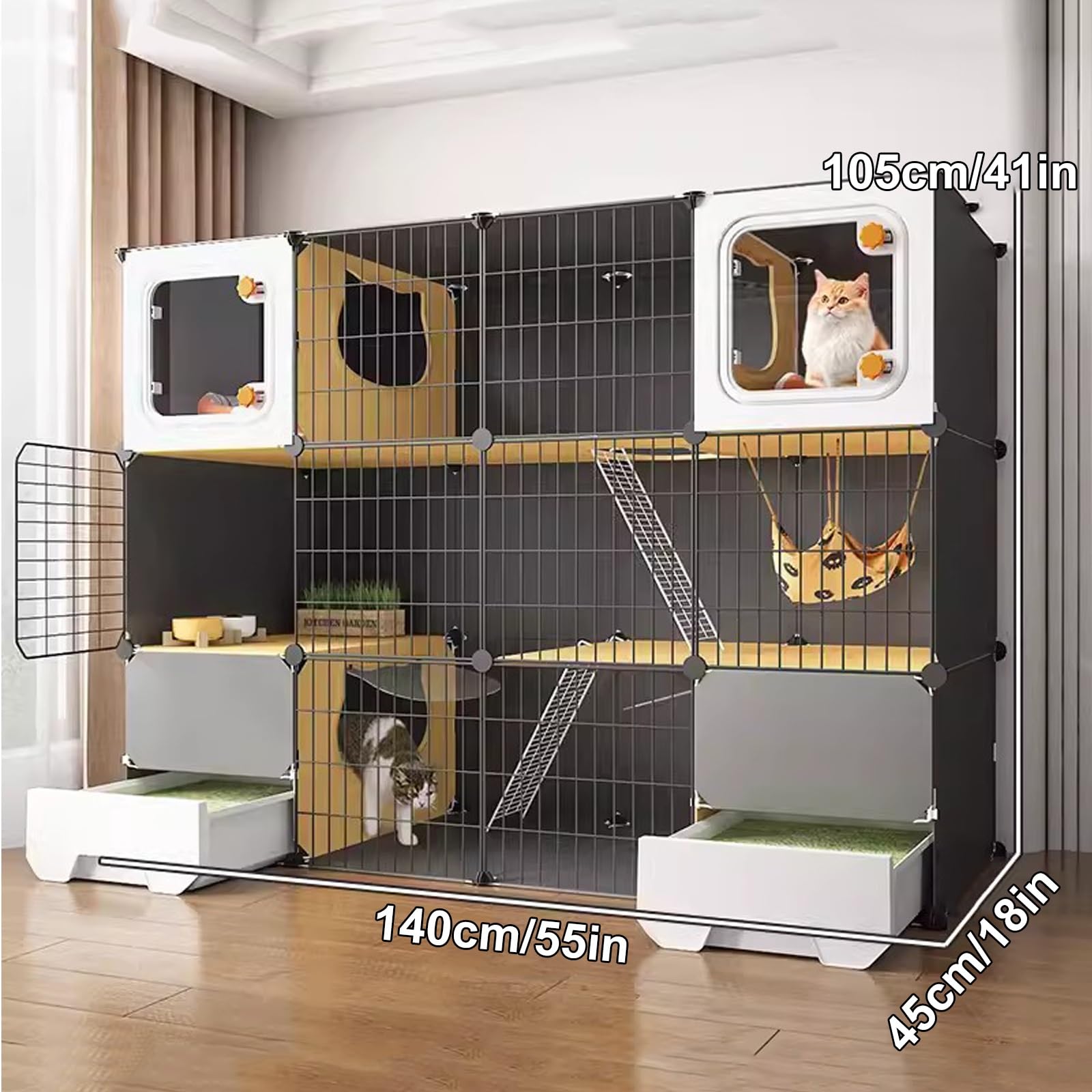 Jaula Grande para Gatos, Jaula para Gatos de 3 Niveles para Interiores con 2 Cajas de Arena, Recinto para Gatos, Perrera para Gatos de Interior, Villa para Gatos, para 2-4 Gatos