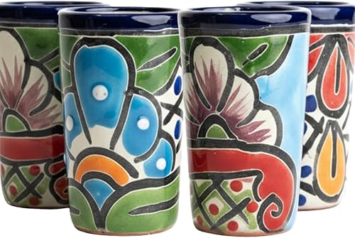 Miniatura 36 de Juego de 4 vasos de chupito Talavera auténticos mexicanos para tequila - Pintados a mano - 2 Oz (Flores naranjas)