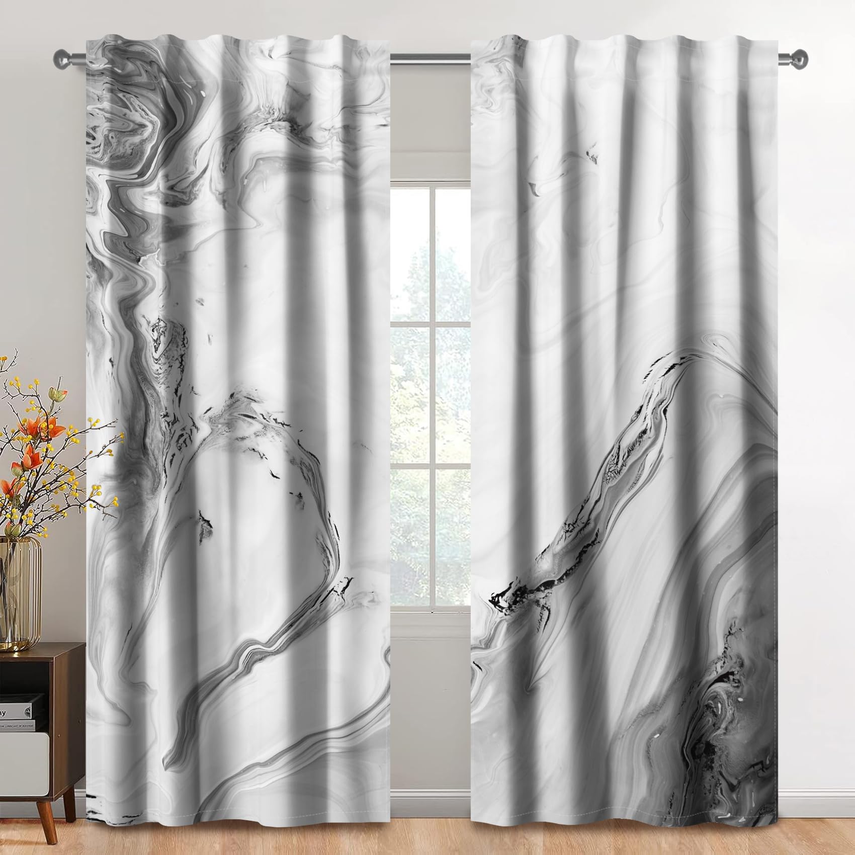 Kzzfqxb 132x214cm Rod Pocket Curtains 2 Panels, Modern Abstract Light Grey Milky Ocean Wave Water Flow Marble Pattern Window Drapes, Fashion Artistic Decoration for Bedroom Living Room — image 1