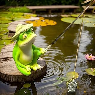 Garten Angler Frosch Figur aus Harz - Teich Deko für Außen und Draußen - Gartenzwerge Miniteich Gartenstatue