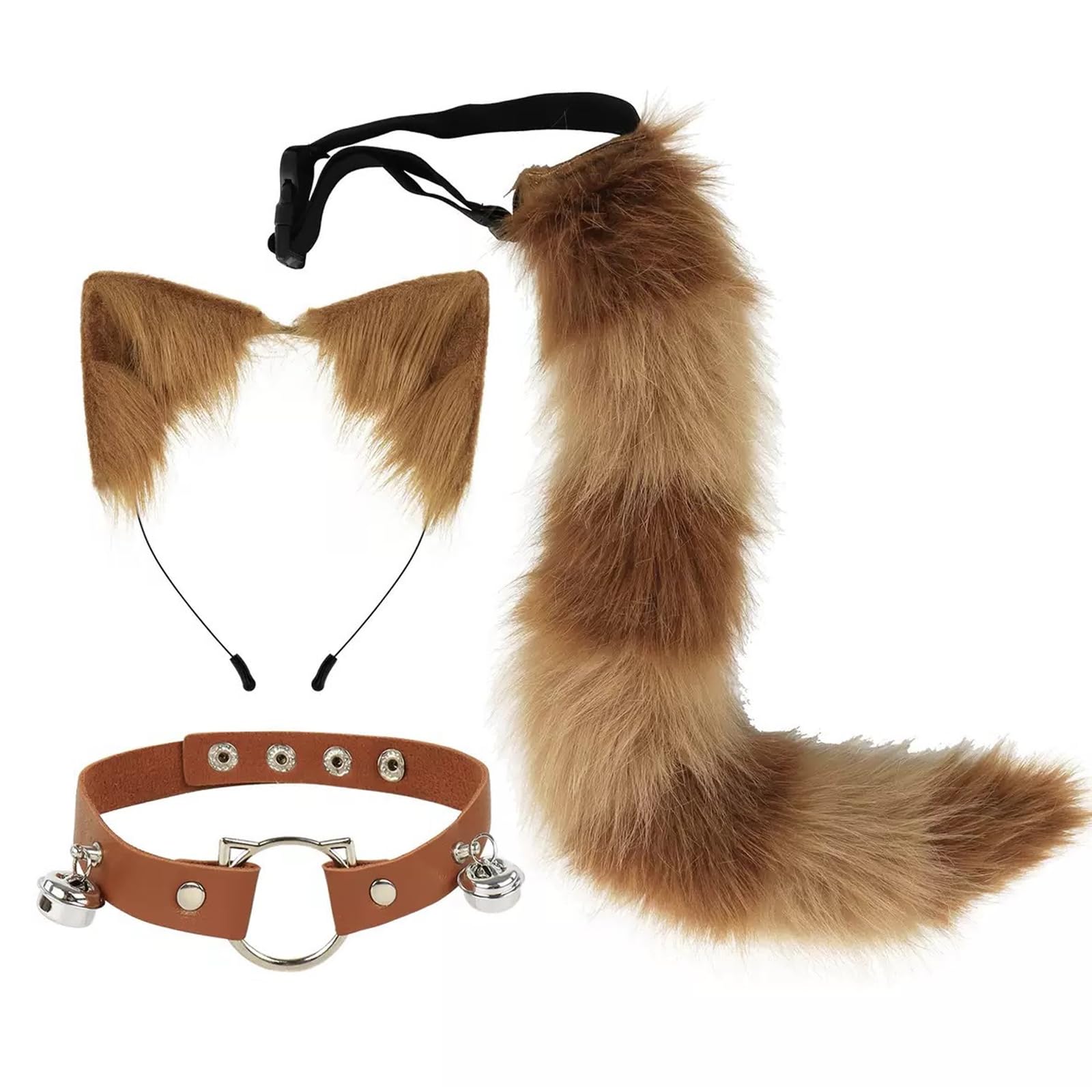 MLPKOI Faux Fur Animal Tail Cat Ears Hair Headband Neck Choker Set, Women Cat Fox Ears Headband Tail Choker Set Plush Fox Tail Bells Necklace for Halloween Christmas Carnival Cosplay Stage