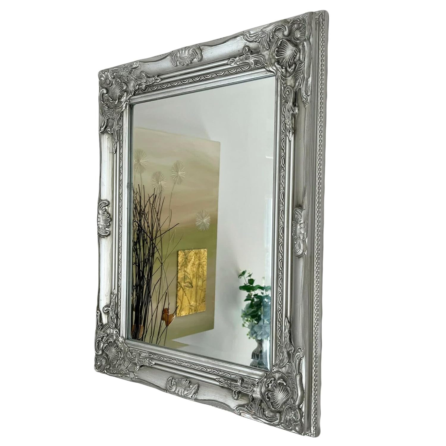 Darthome Silver Baroque Rococo Wall Mirror Shabby Chic Rectangle Wood Frame French Antique 42cm x 53cm