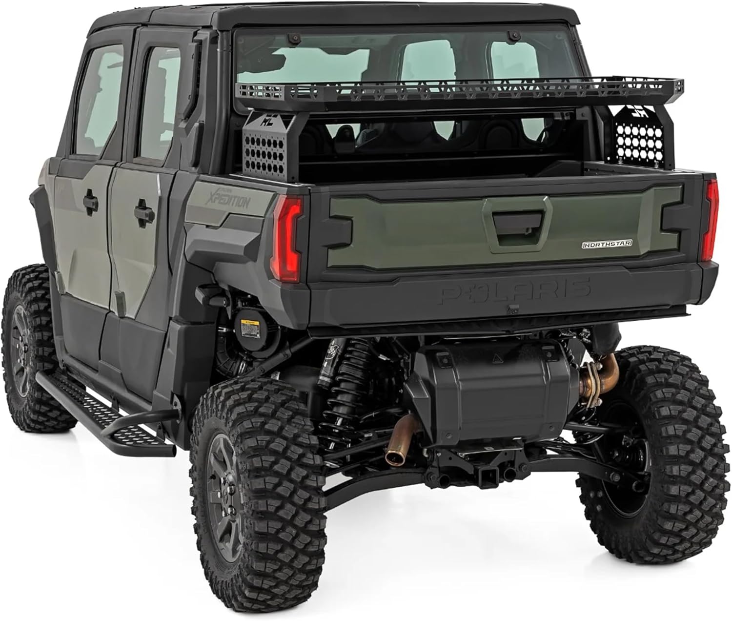 Rough Country Bed Rack & Spare Tire Mount for Polaris Xpedition XP - Easy Bolt-On Install, Reversible Basket Platform with Tie-Down Mesh Panels