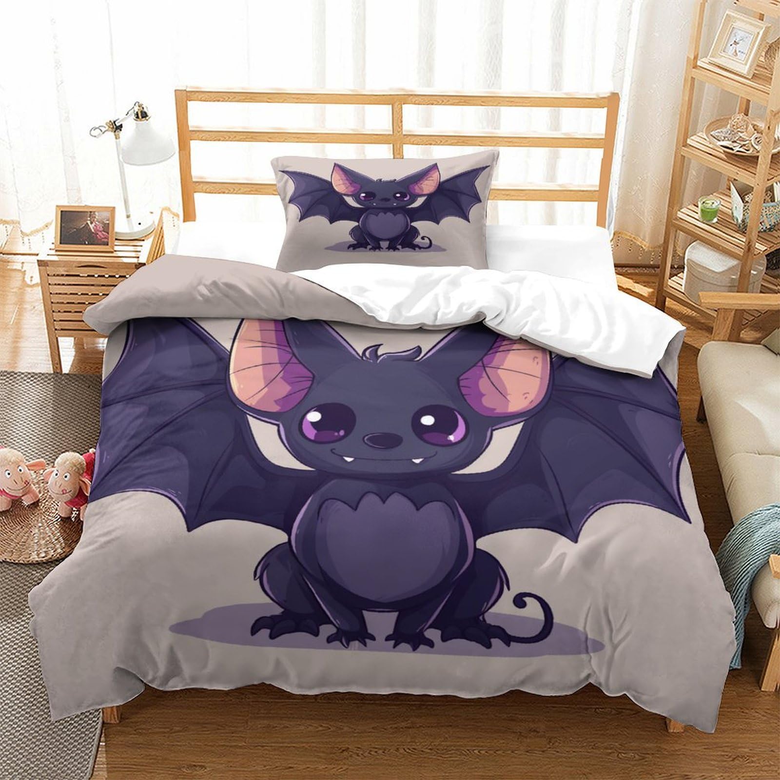 P1S9U7W5Y Whimsical 3D Printed Cartoon Dragon Duvet Cover Set 3pcs Microfiber Cute Bat Bedding Set Single