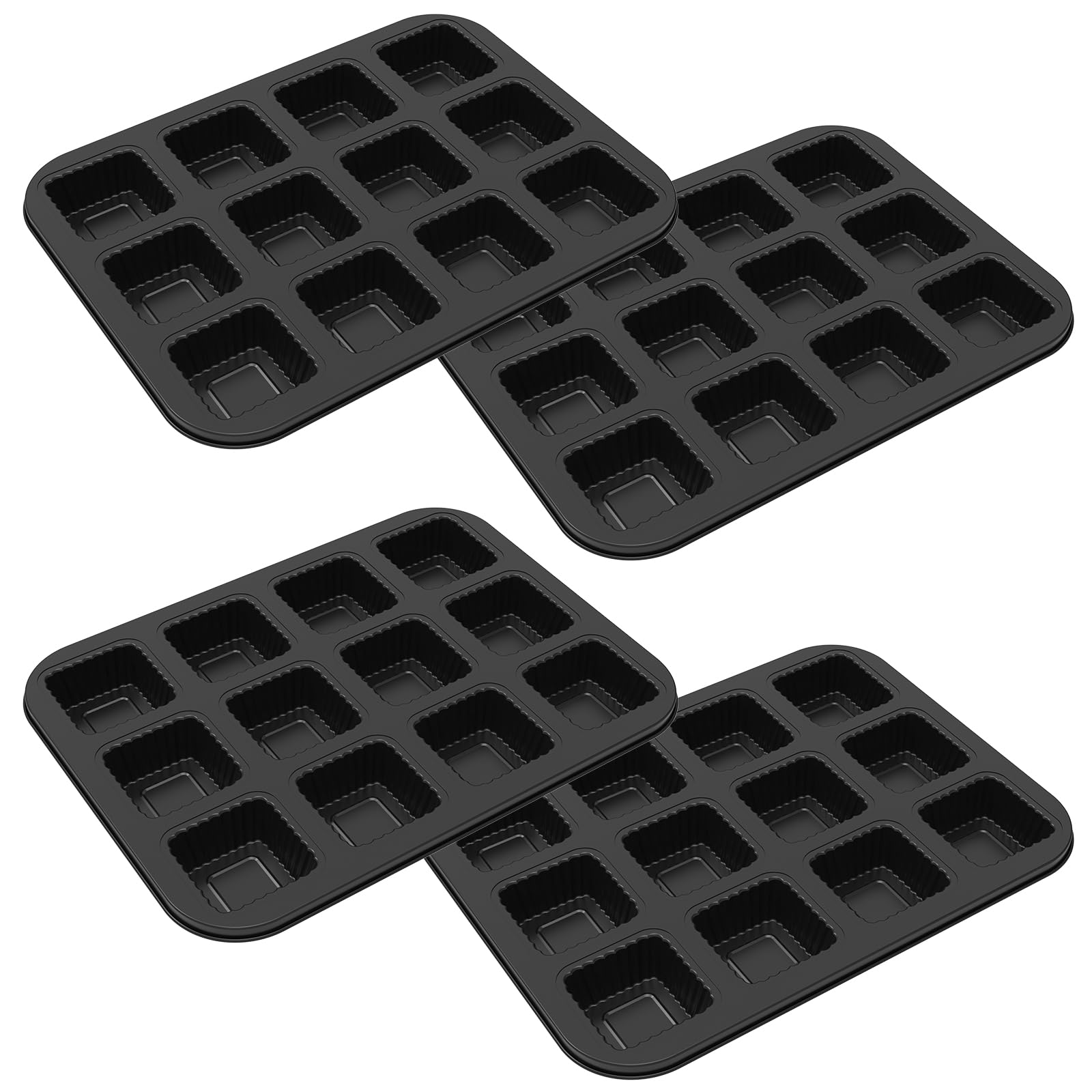 Lot de 4 moules à muffins carrés en acier au carbone anti-adhésif, 12 cavités, faciles à nettoyer, multi-usages avec bord ondulé pour la cuisson au four (noir)