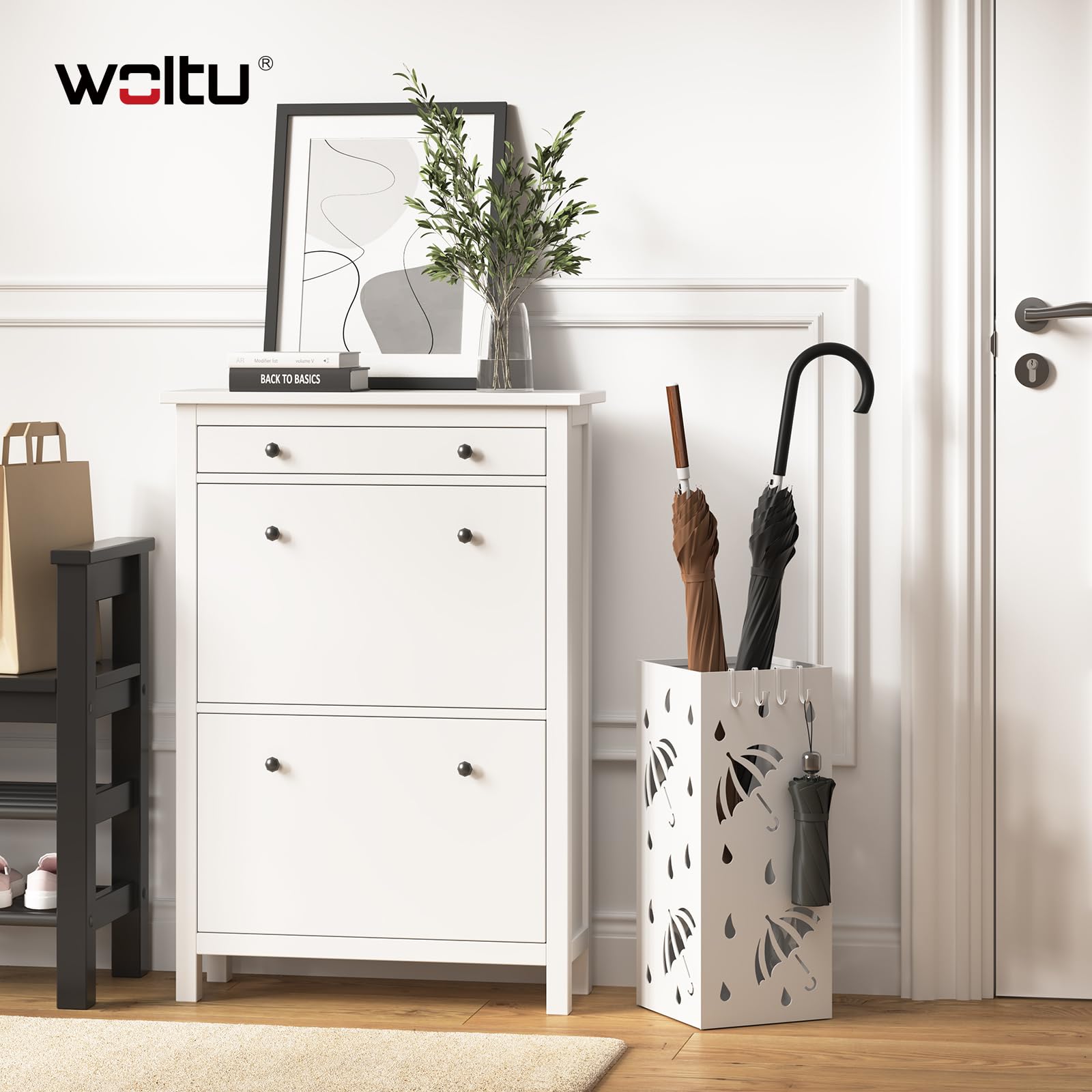 WOLTU Stojak na parasole z żelaza, dł. 20 x szer. 20 x wys. 49 cm, stojak na parasole z tacką na wodę, 4 haczyki na parasole kieszonkowe, biały prostokąt SST02ws
