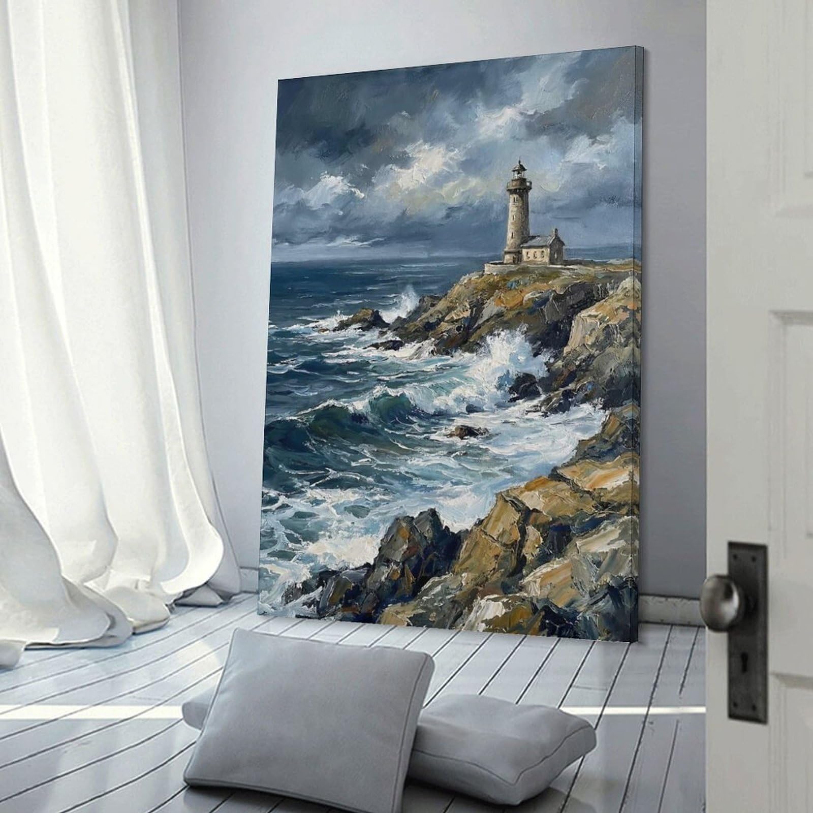Junmoney Frame-Style-12 Canvas Art Print Lighthouse On A Rocky Coast, 24X36inch(60X90cm), For Contemporary Homes, Apartments Or Offices, Decorative Canvas Decor For Home Updates