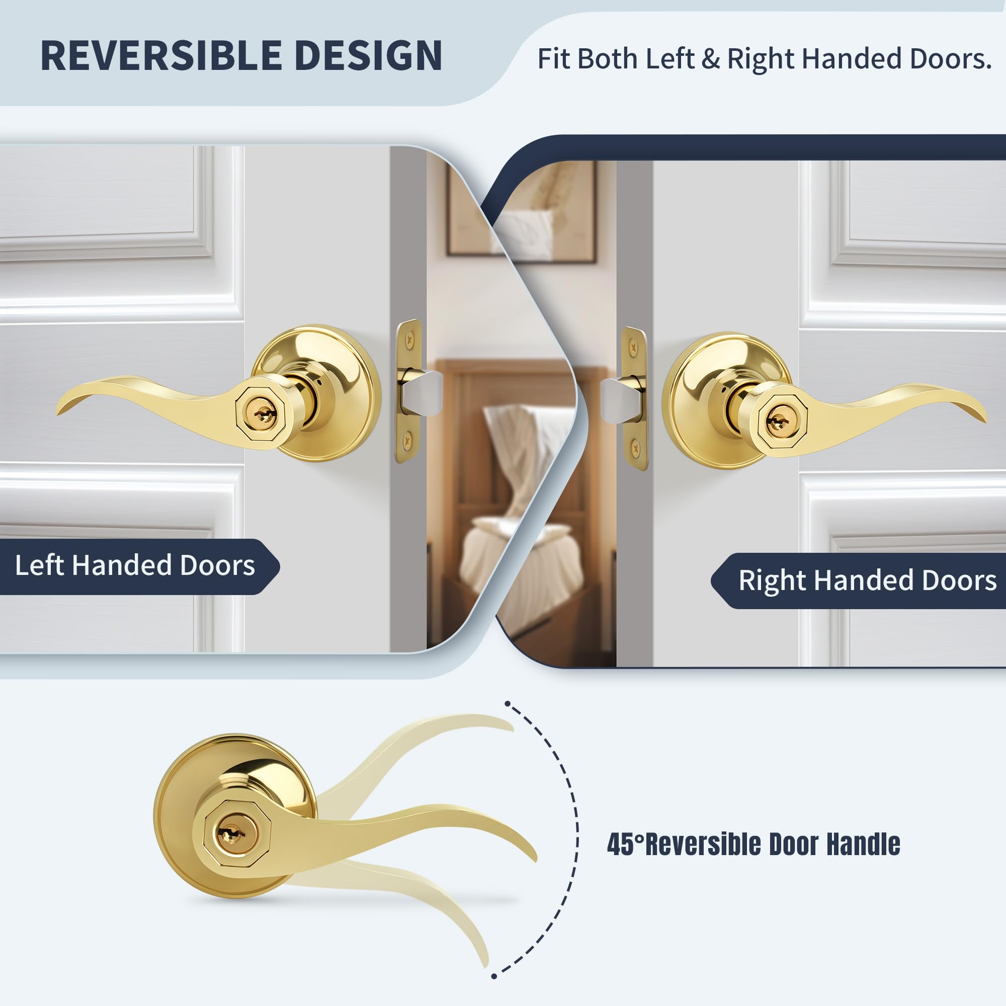 Manija de puerta estilo onda, manija de puerta de entrada con llave y cerradura, manija de entrada dorada reversible para zurdos y diestros para puerta delantera o de oficina con acabado de