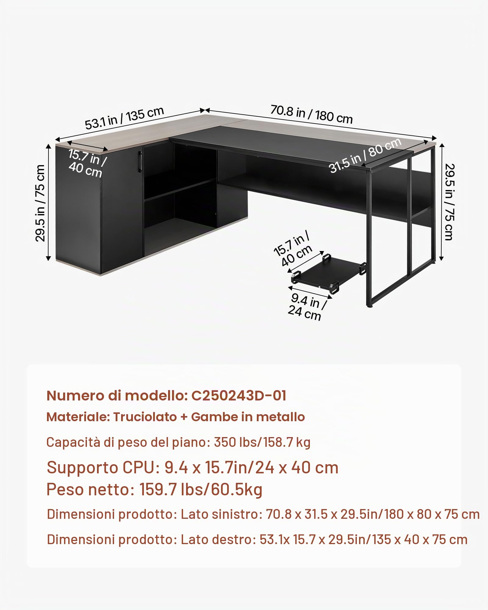 VEVOR Scrivania Direzionale a L, Ampia Scrivania in Legno Moderna per Ufficio con Cassetti, Mobiletto Portaoggetti e Supporto per CPU, Capacità di Carico di 158,7 kg, per Computer per Lavoro, Studio