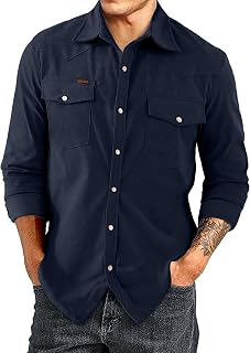 Mens Corduroy Button-Down Shirts Casual Regular Fit Long Sleeve Lighweight Shacket Jacket with Flap Pockets