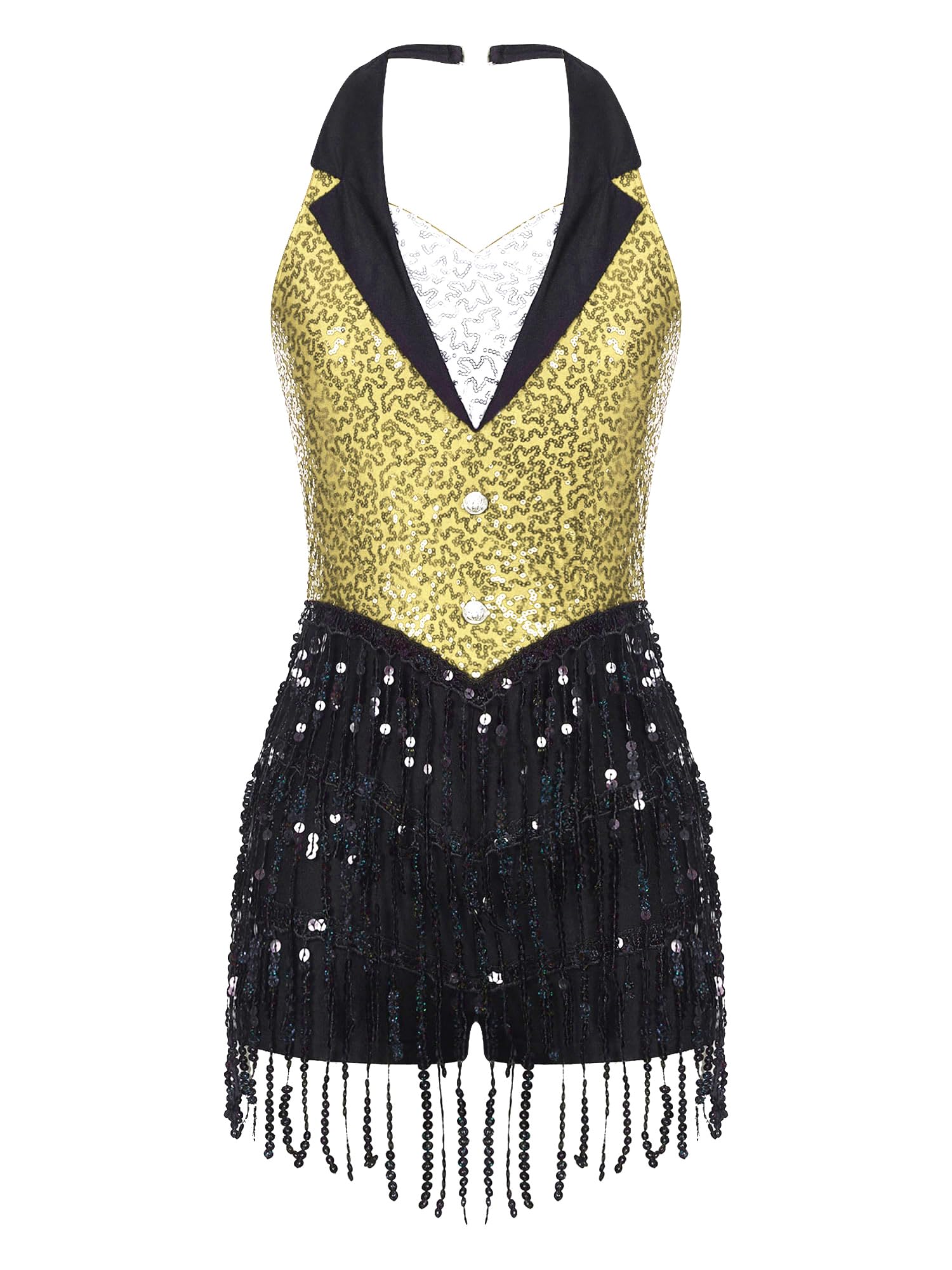TTAO Damen ärmelloses Tanzkleid mit Fransen 80er 90er Jahre Tanz Trikot Pailletten Jazz Tanz Kostüm Musical Hip Hop Tanzkleidung