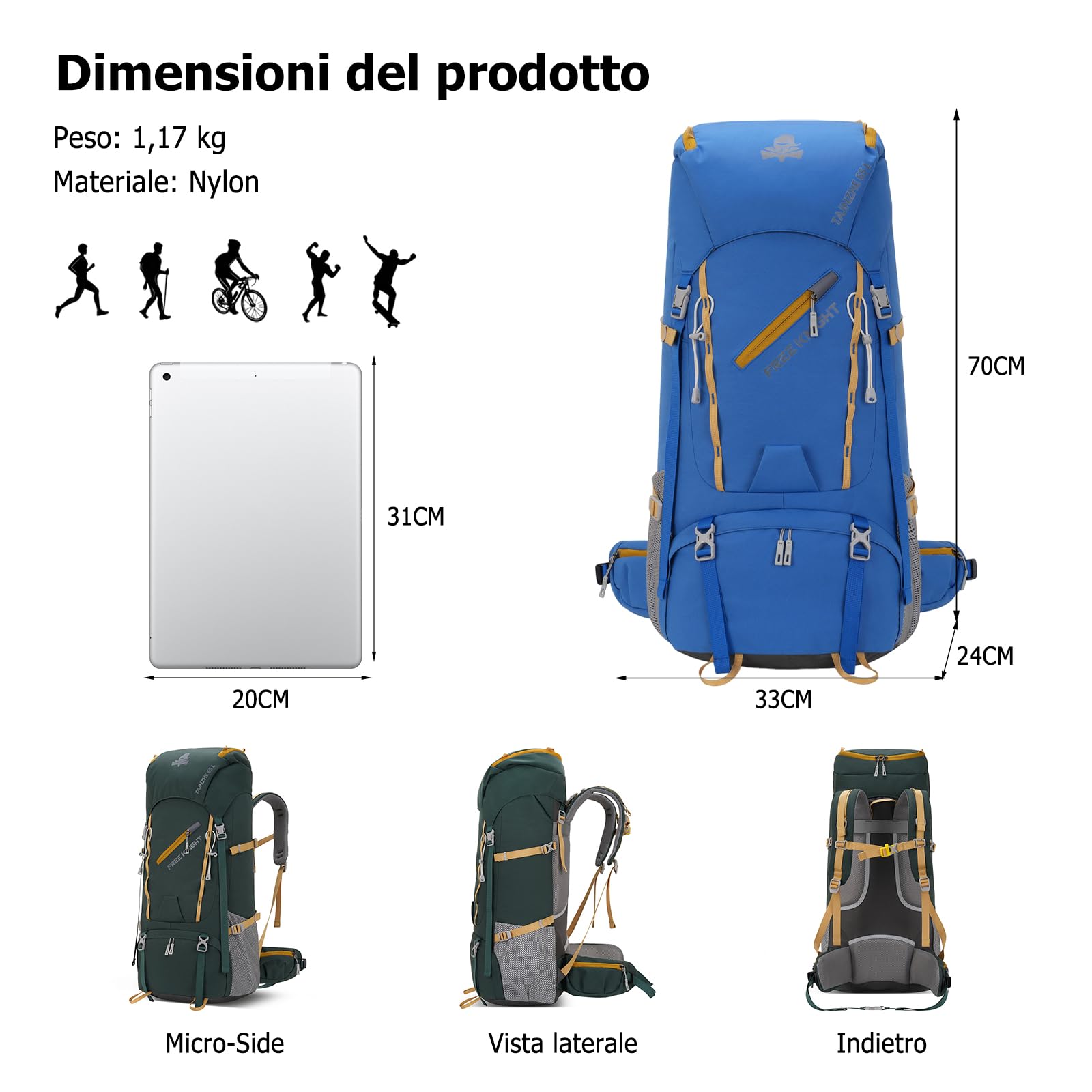 65L Zaino da Trekking Grande Outdoor Impermeabile Zaini Resistente con Copertura per la Pioggia Donna Uomo Backpack per Escursionismo Campeggio Arrampicata Viaggio Blu