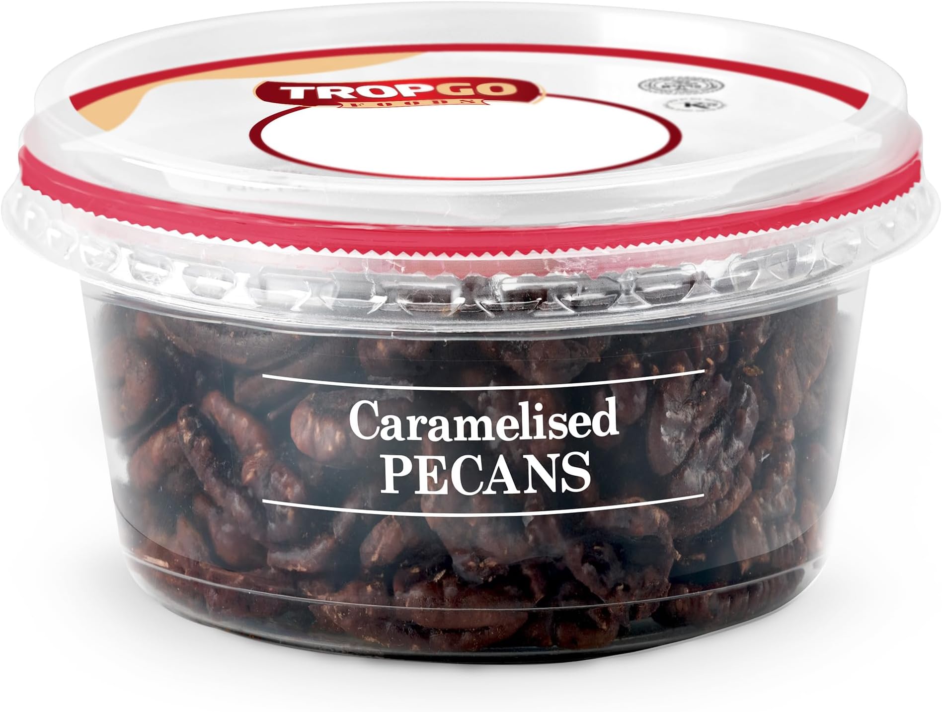 Tropgo Caramelised Pecans 160gm - Sweet Nuts in a Resealable and Recyclable Nut Tub - Wholesome Trail Mix with Fibre Protein and Essential Minerals - Healthy Nuts for All Ages