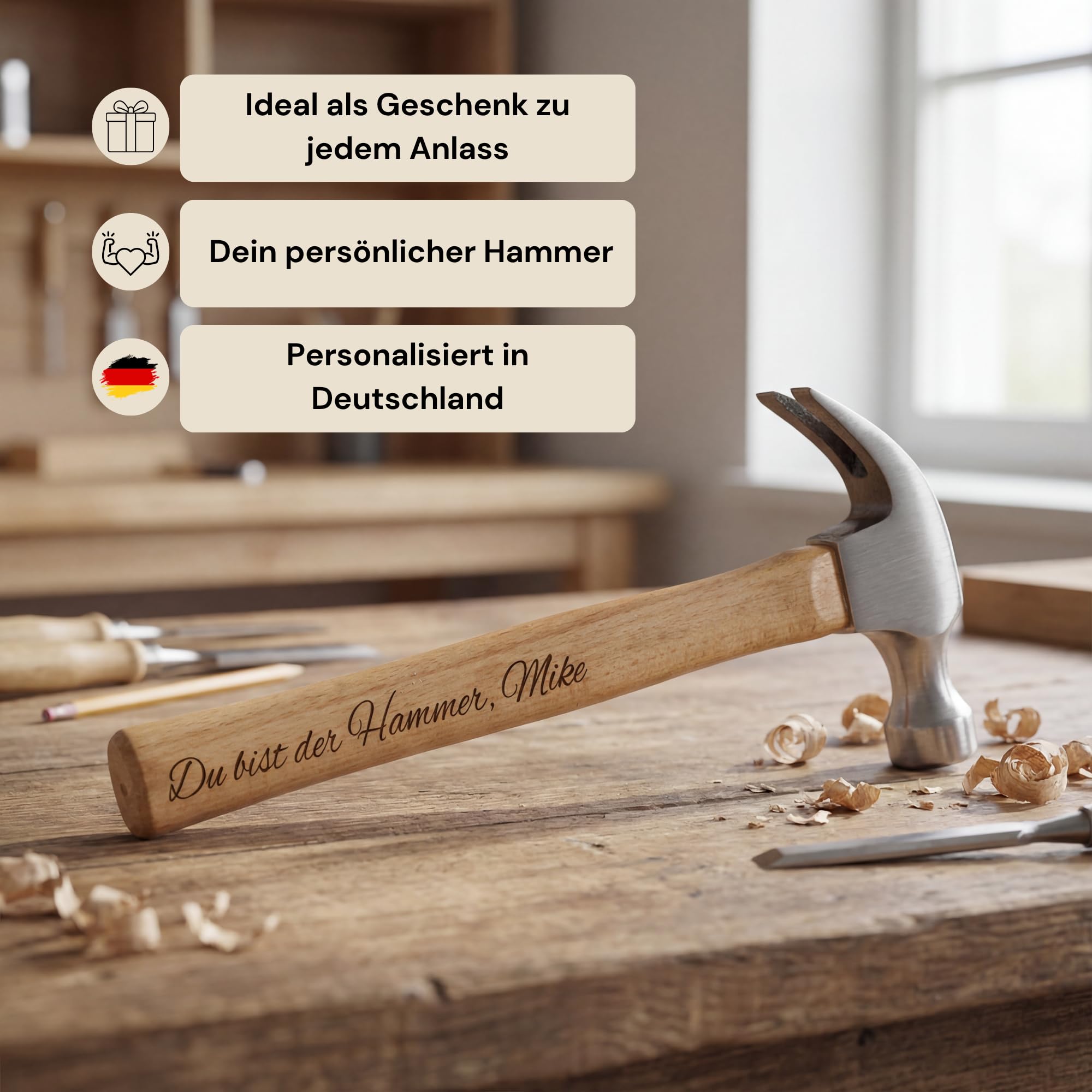 Smarteon Personalisierter Hammer mit Gravur – Hammer personalisiert mit Namen oder Botschaft – Vatertagsgeschenk für Papa, Geschenk für Handwerker, personalisiertes Werkzeug Geschenk