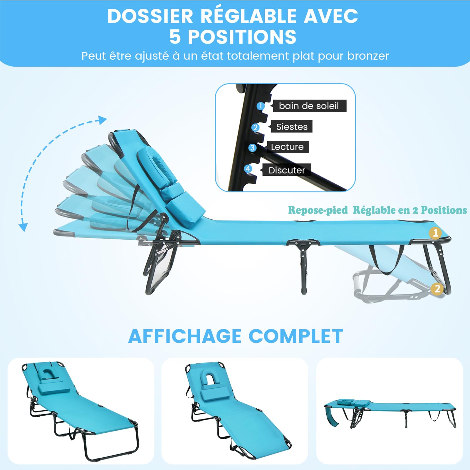 COSTWAY Chaise Longue Pliante, Bain de Soleil Réglable à 5 Positions, Charge 150kg, Trou pour Visage, 3 Coussins Amovible, Tissu Oxford, Sangle, Transat Jardin Exterieur pour Plage Piscine(Turquoise)