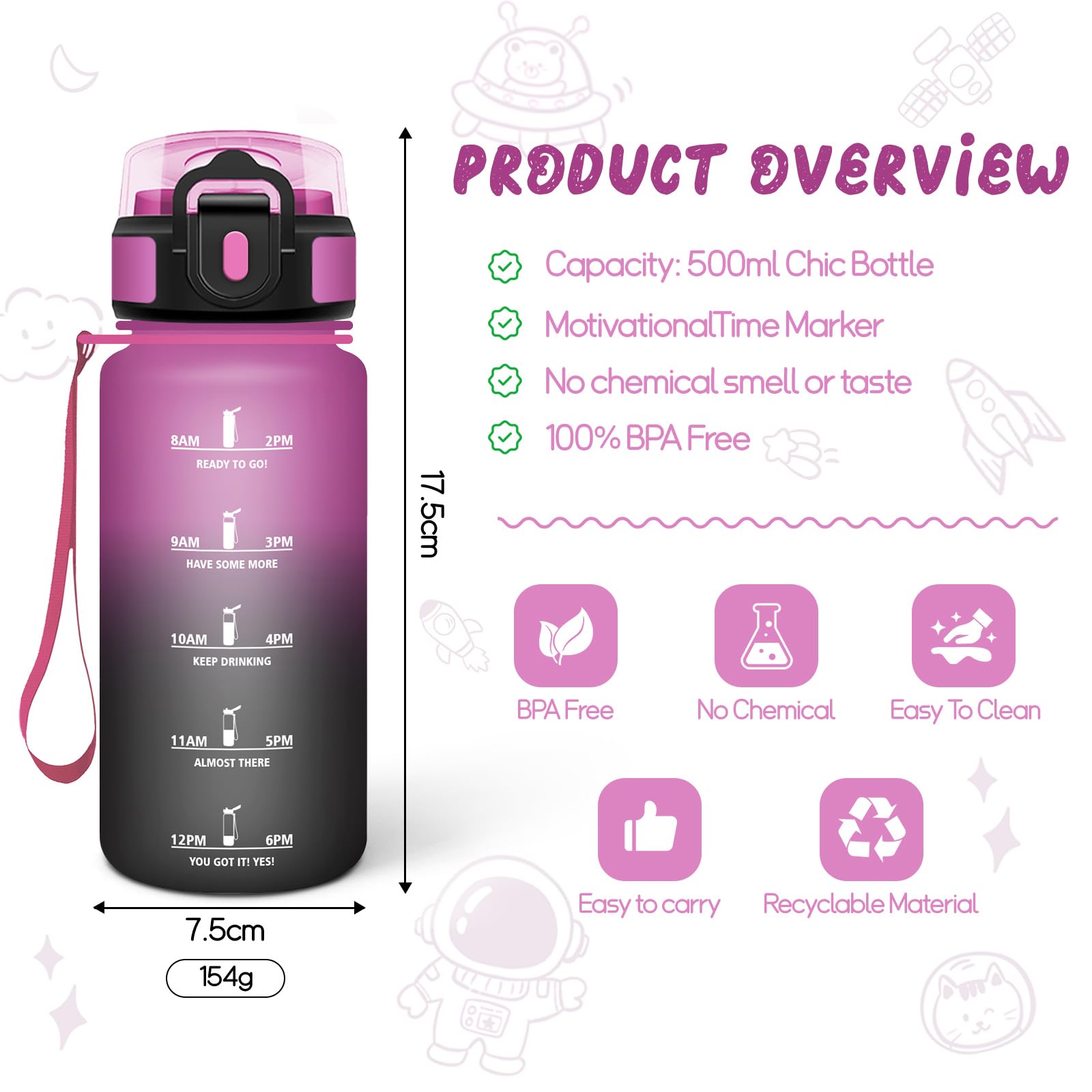 Gourde HoneyHolly 500 Ml Avec Paille – Marqueur De Temps Motivation – Sans BPA – Étanche – Pour Sport, école, Bureau - 2