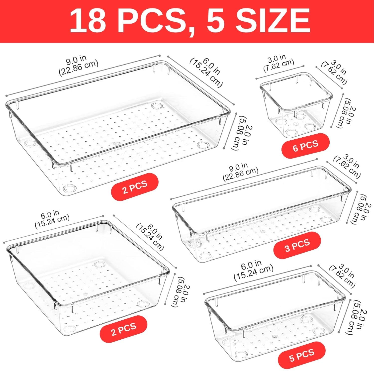 Aliensware 18Pcs Transparent Drawer Organizer, Versatile Bathroom and Vanity Organiser, Storage Bins for Makeup Cosmetics,Jewellery,Kitchen,Bathroom,Bedroom,Office,Gadgets 1