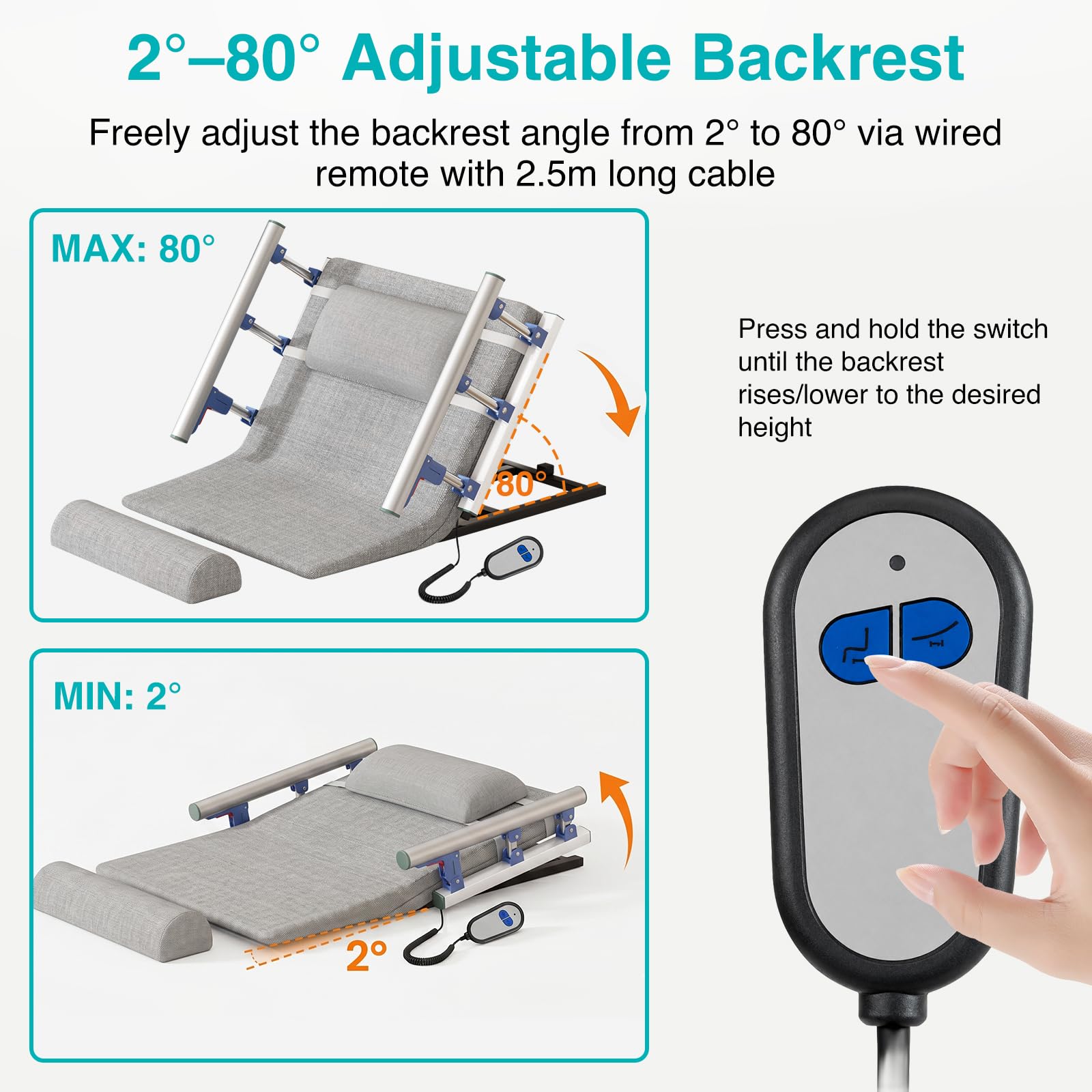 Respaldo eléctrico ajustable en 2-80°, hasta 300 kg, 120 x 82 cm, respaldo eléctrico elevable, ayuda eléctrica para cama con reposabrazos plegable para personas mayores/embarazadas