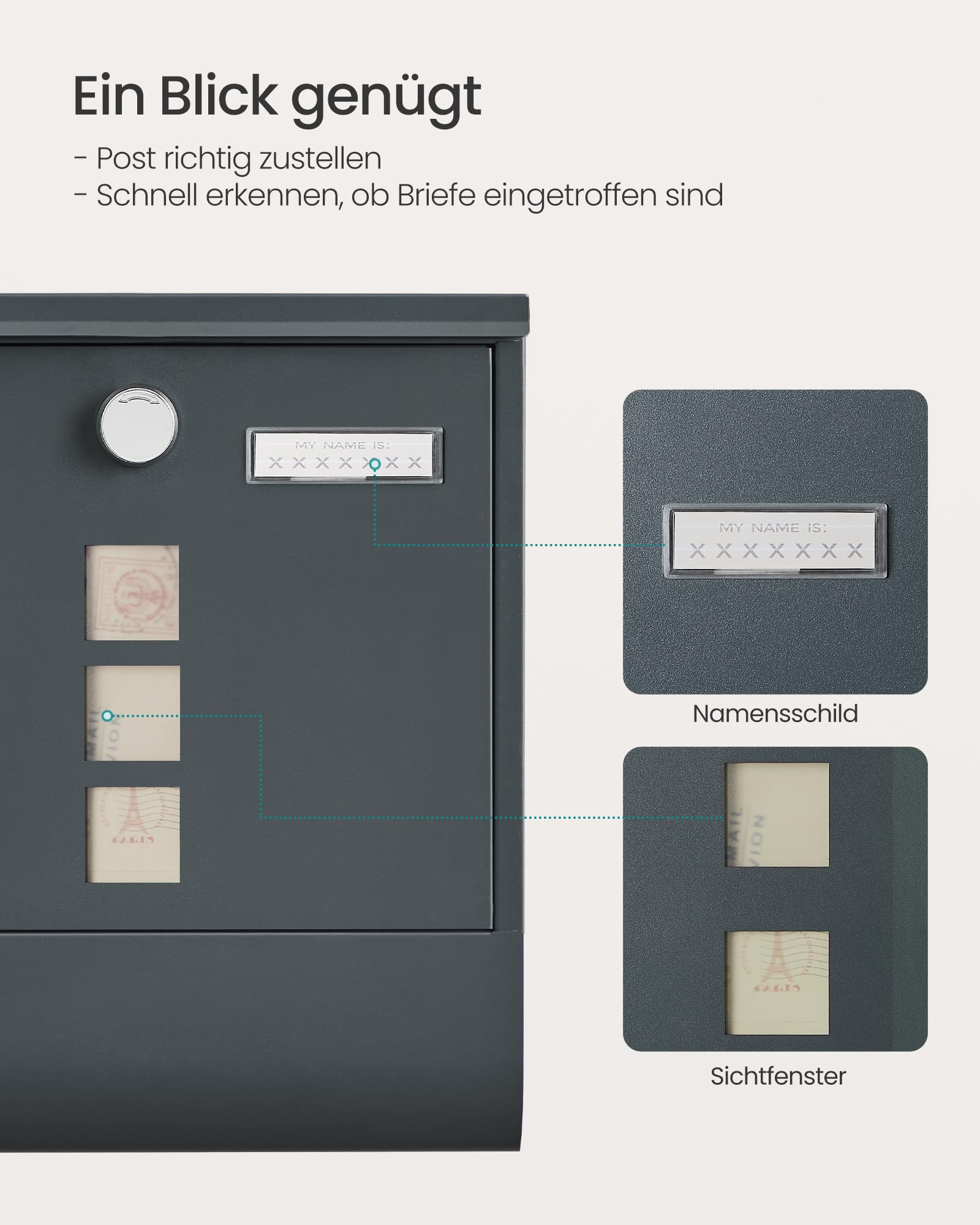 SONGMICS Wandbriefkasten, mit Schloss mit Drehdeckel, Sichtfenster, Namensschild, Zeitungsfach, einfache Montage, 10 x 30,8 x 33,8 cm, Anthrazitgrau GMB20AG