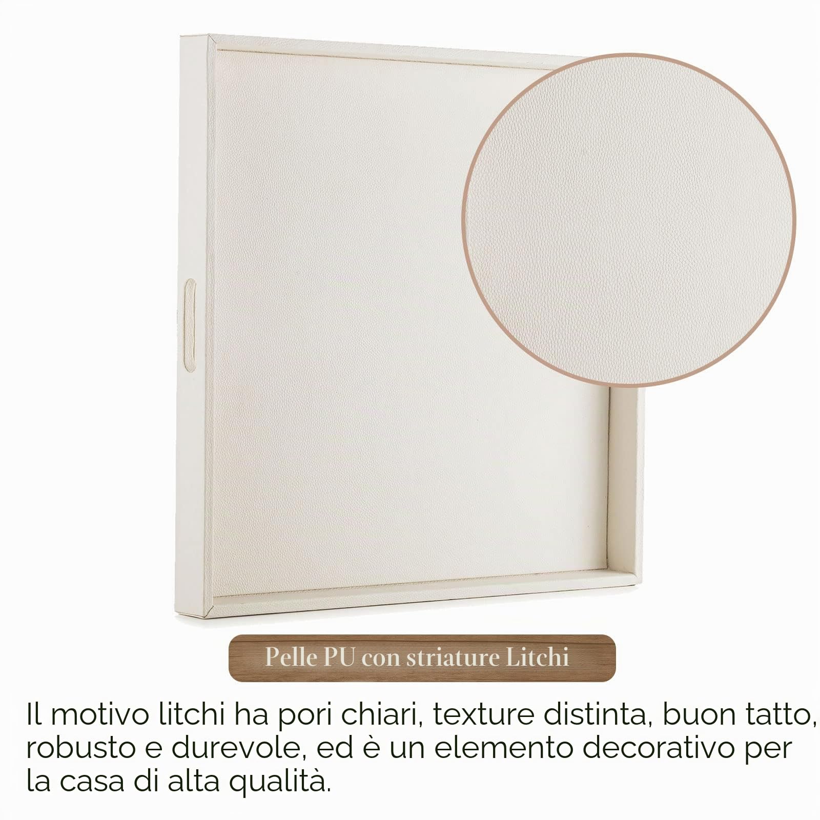 Hanobe Vassoio quadrato grande ottomano: vassoio extra large bianco per ottomani, vassoio decorativo in pelle con manici per tavolino da caffè soggiorno 55,9 x 55,9 cm