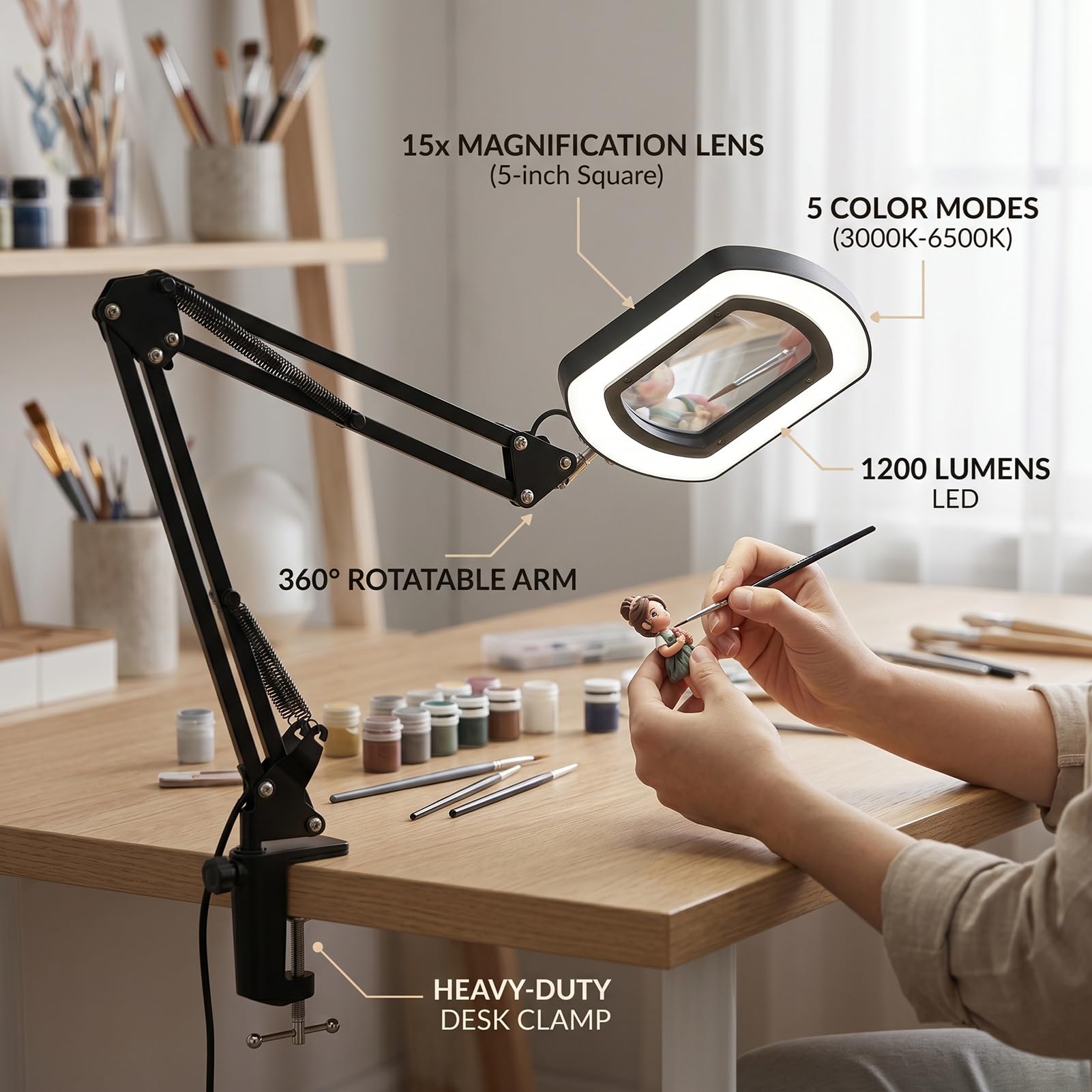 Lupa Cuadrada de 15 Aumentos con Luz, 5 Temperaturas de Color, Brazo Giratorio 360, Luz de Aumento Alimentada por USB para Lectura, Manualidades, Pasatiempos, Reparación