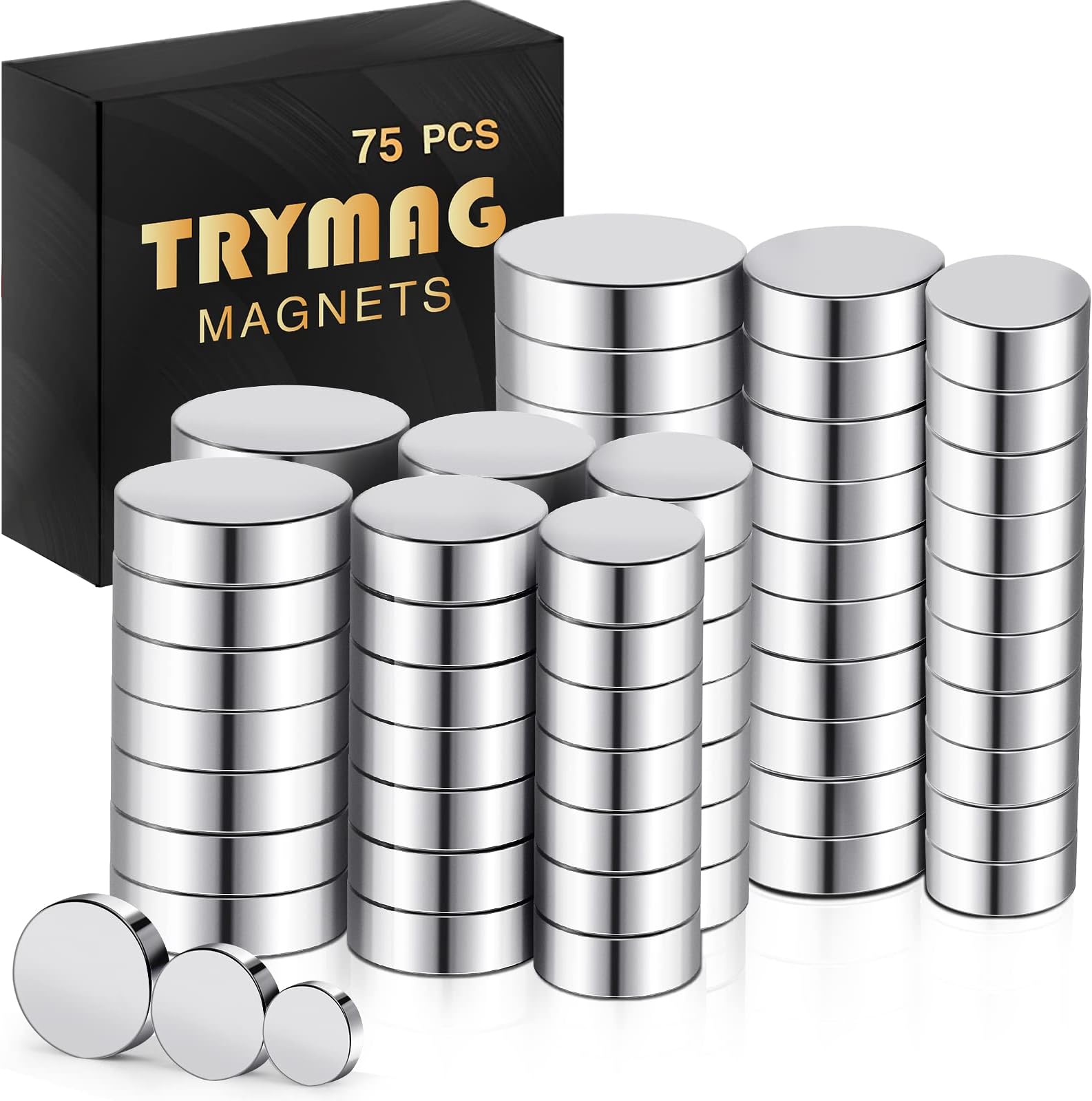 TRYMAGSmall 75Pcs Tiny Rare Earth Magnets, 3 Different Sizes Strong Neodymium Round Refrigerator Magnets for Crafts, Whiteboard, Billboard, Hobbies, Office, Kitchen, DIY