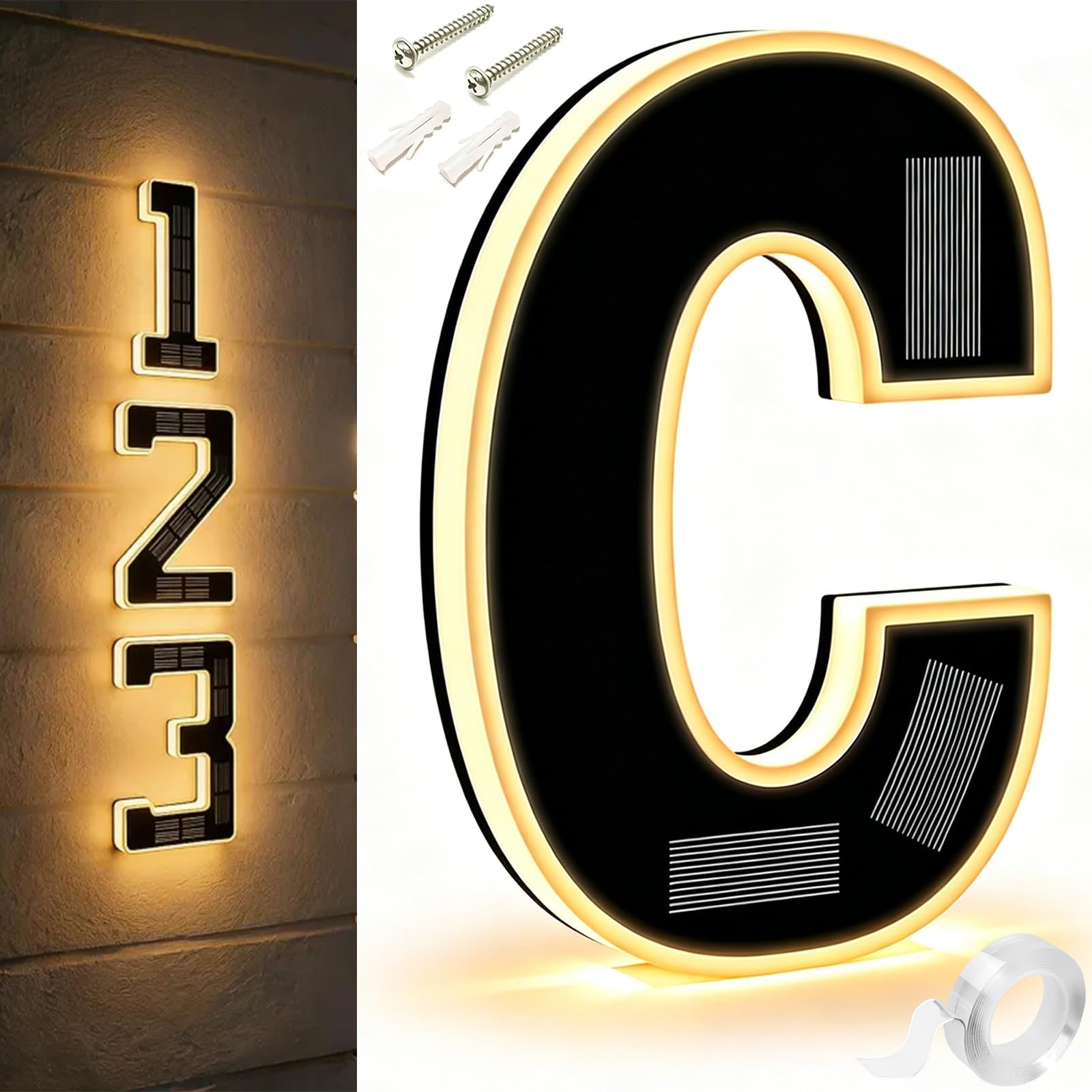 9 Inch Solar Lighted House Numbers For Outside, Light Up House Numbers Solars, Illuminated Houses Number, 0-9 Solar-Powered Houses Number, Illuminate Your Home (C,6.7 in)