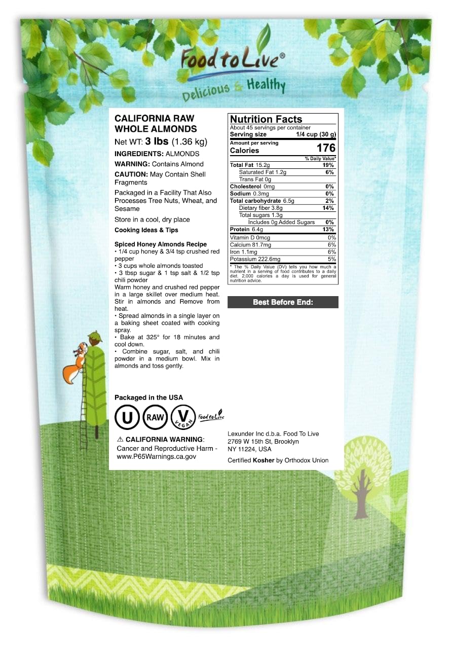 Food to Live - California Almonds, 3 Pounds - Supreme, Whole, Raw, Unsalted, Unroasted Nuts, Natural. Kosher, Vegan. Keto, Paleo, Low Sodium, Bulk