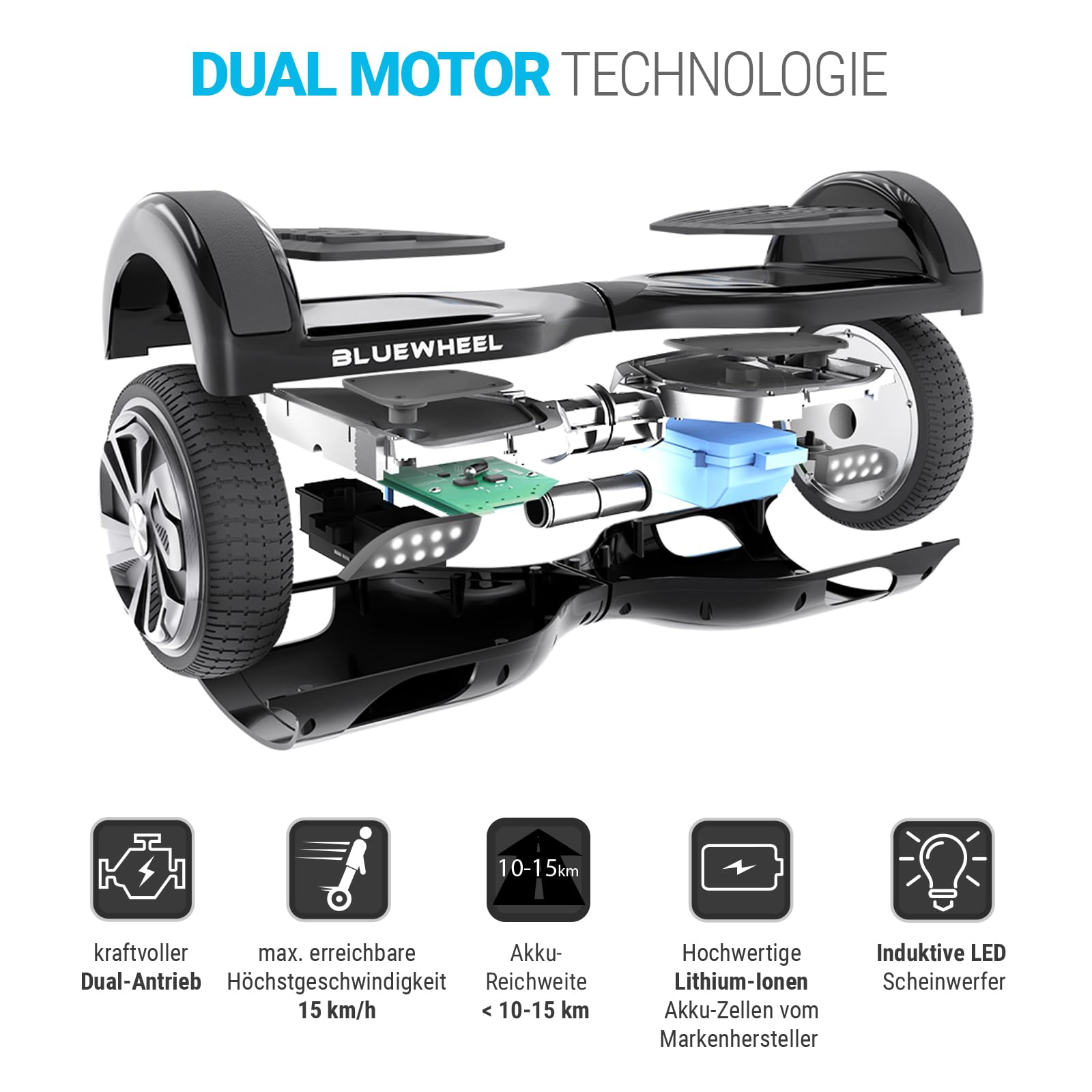 Bluewheel 6,5" Premium Hoverboard HX310s – Elektroboard mit LED, Bluetooth Lautsprecher, starker Dual Motor, HX Hoverboard App-kompatibel, ideal für Kinder & Erwachsene, deutsche Qualitätsmarke