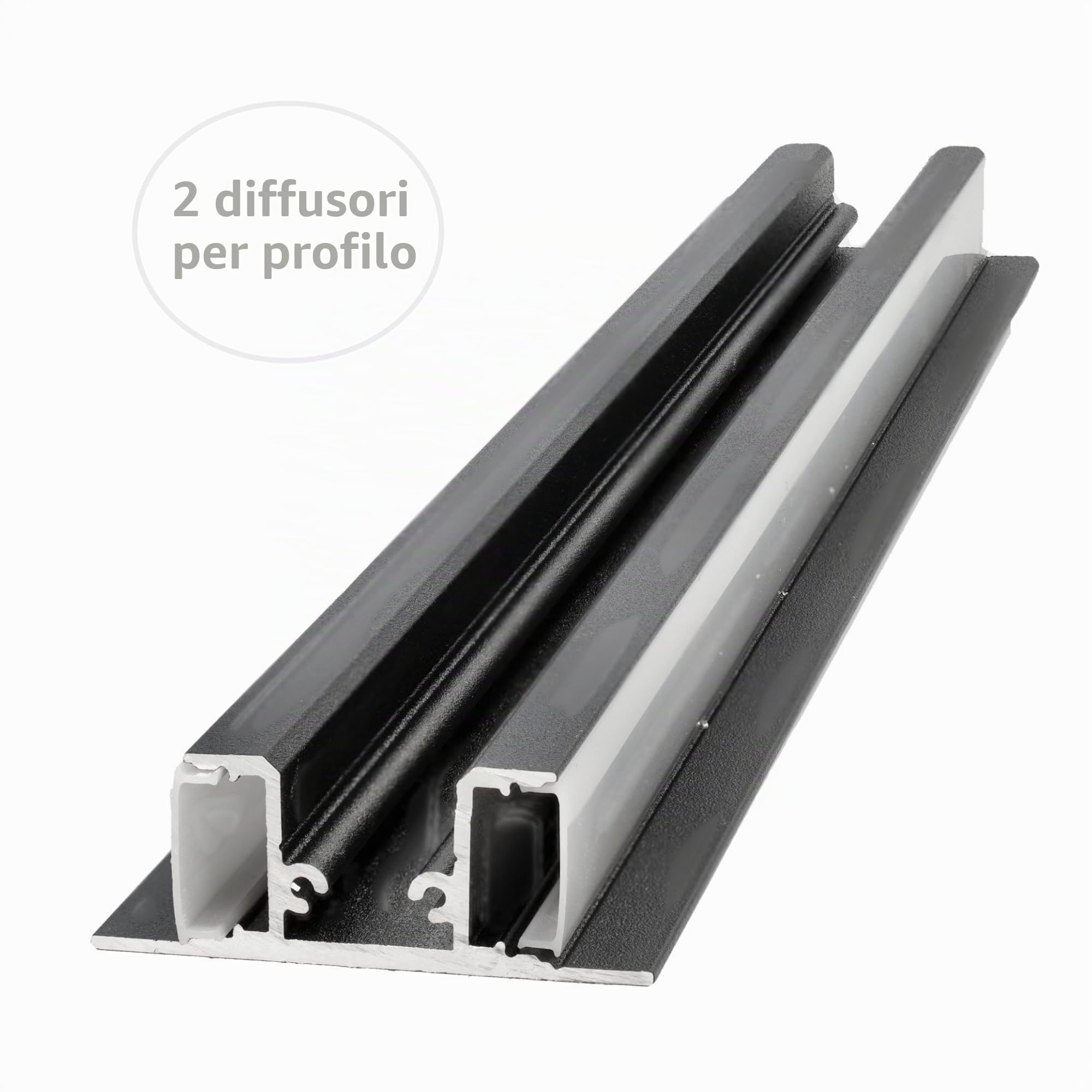 Jandei - Confezione da 4 profili Led Alluminio Nero 1 Metro per Montaggio a Doppia Striscia Led in Superficie, Diffusore Opale Bianco Traslucido. Con tappi finali, viti e staffe di montaggio