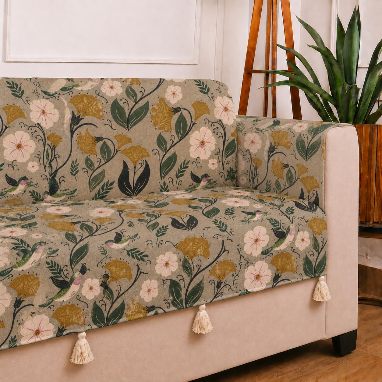 STITCHNEST 'Eden Weaves Collection Series' 1 Seater Sofa Cover | Full Coverage with Armrest Pockets | Elegant Woven Fabric, Decorative Tassels, Washable & Durable for Modern Living