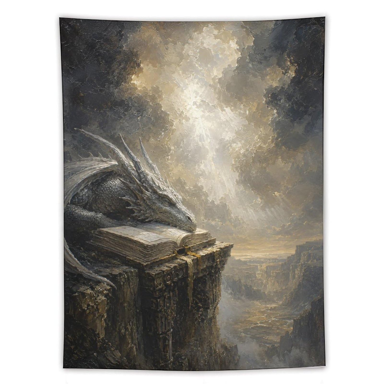 H3B8U2Y5 Dragon on Cliffside Book Wall Tapestry, Fantasy Illustration