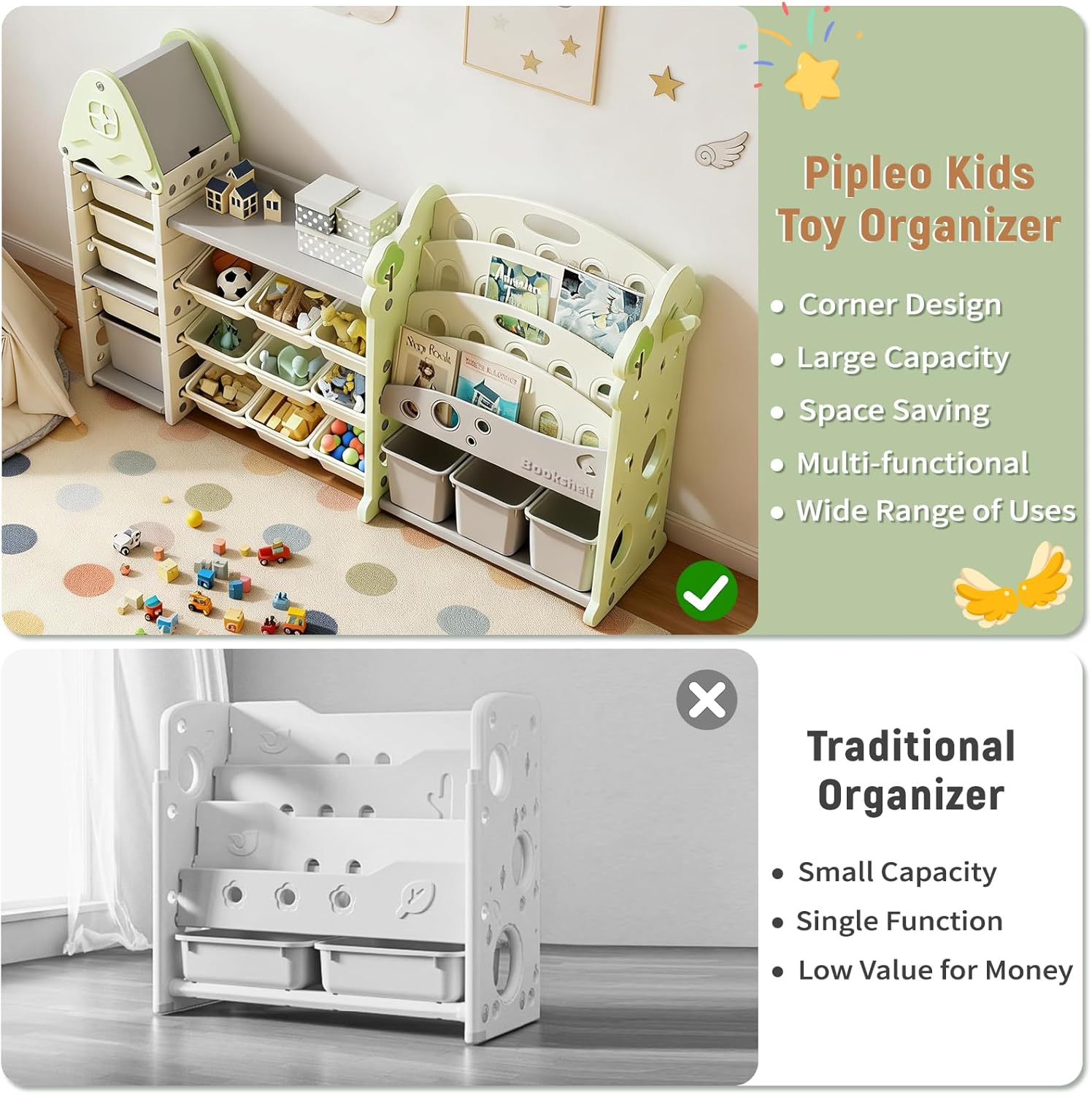 Pipleo Kids Toy Storage Organizer with 17 Removable Bins, 4-Tier Bookshelf for Kids, Multi-Purpose Castle-Shaped Toy Organizer for Playroom, Bedroom, Nursery, Living Room (Green)