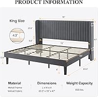 Vista 67 de SHA CERLIN Base de cama de terciopelo tamaño King con cabecera capitoné de canal vertical, plataforma tapizada con listones de madera, no necesita
