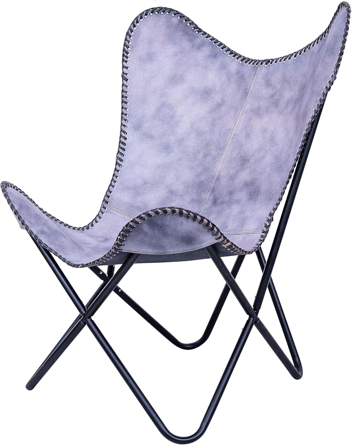 Shy Shy Let's Touch The Sky Leather Chair Living Room Chairs- Grey Leather Butterfly Arm Chair -Handmade with Powder Coated Folding Iron Frame (Vintage Cover with Frame) (Grey+Black)