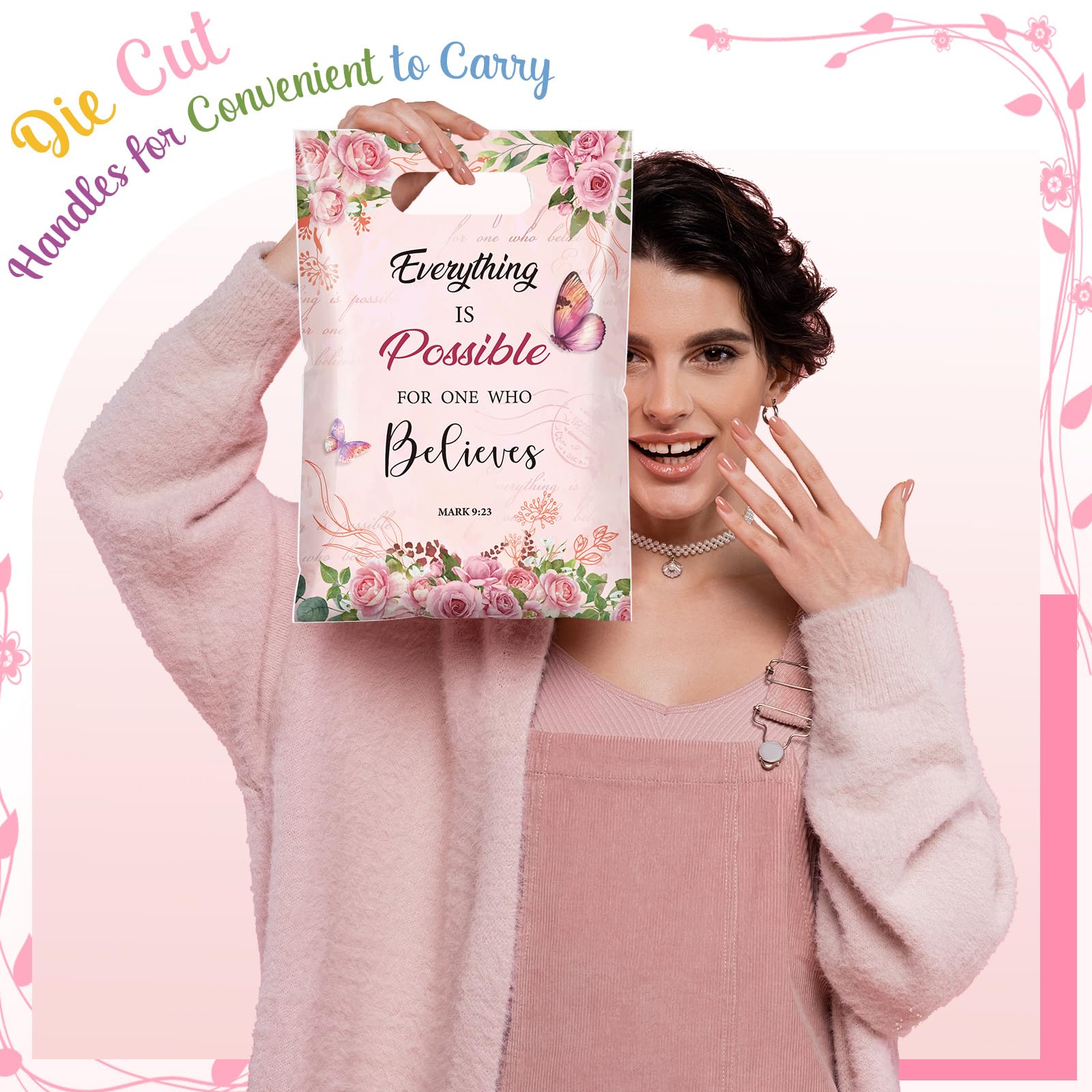 Pajean 100 Pcs Christian Gift Bags Mother's Day Floral Bible Verse Plastic Bags with Handles Religious Party Favor Pouch Inspirational Flower Candy Goodie Pouch for Women Wedding Church Gifts Supply