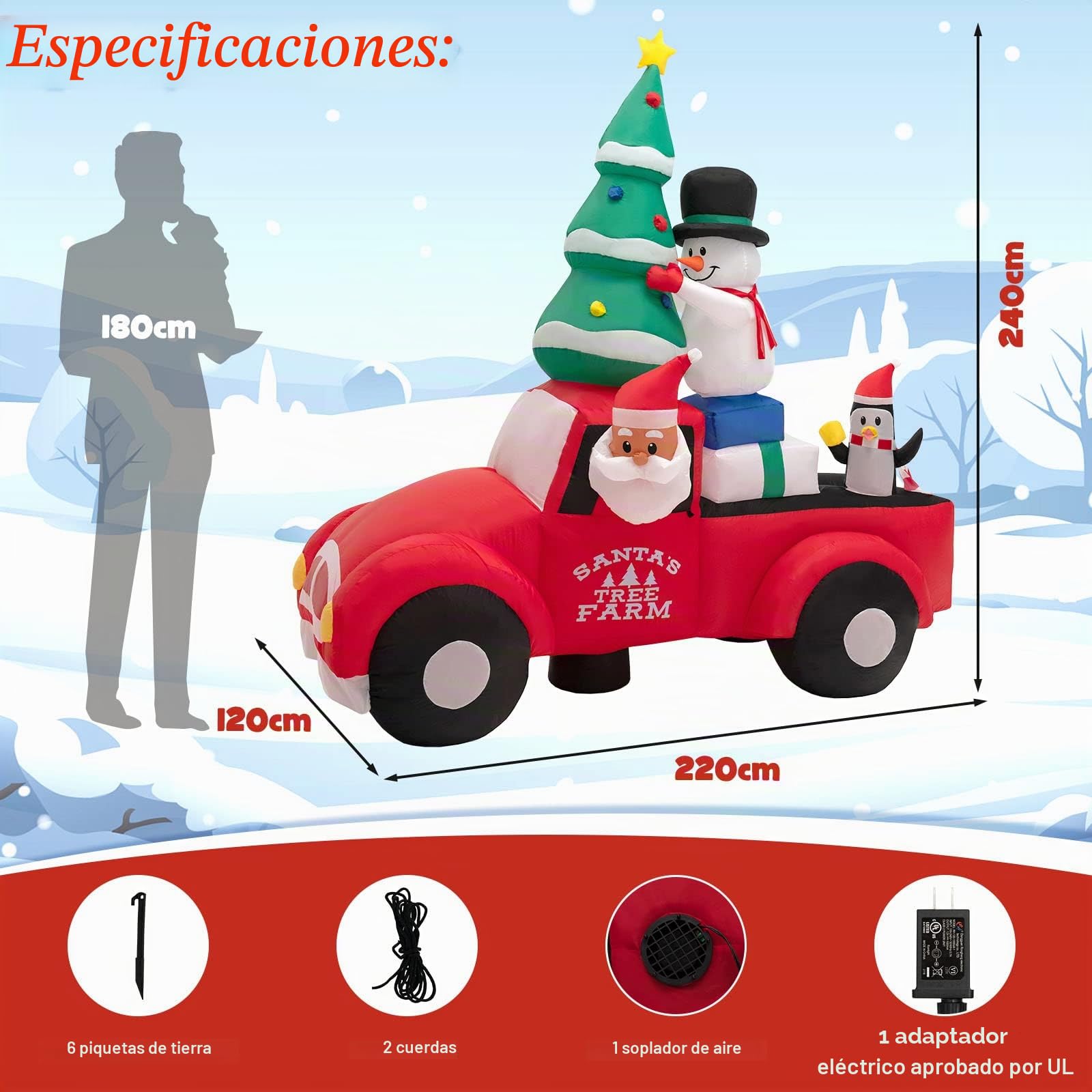 GOPLUS Papá Noel Inflable Conduce un Coche de 220 cm, Decoración de Navidad Inflable Exterior con Árbol de Navidad, Muñeco de Nieve y Pingüino, Decoración Navideña con Luces LED y Soplador Incorporado