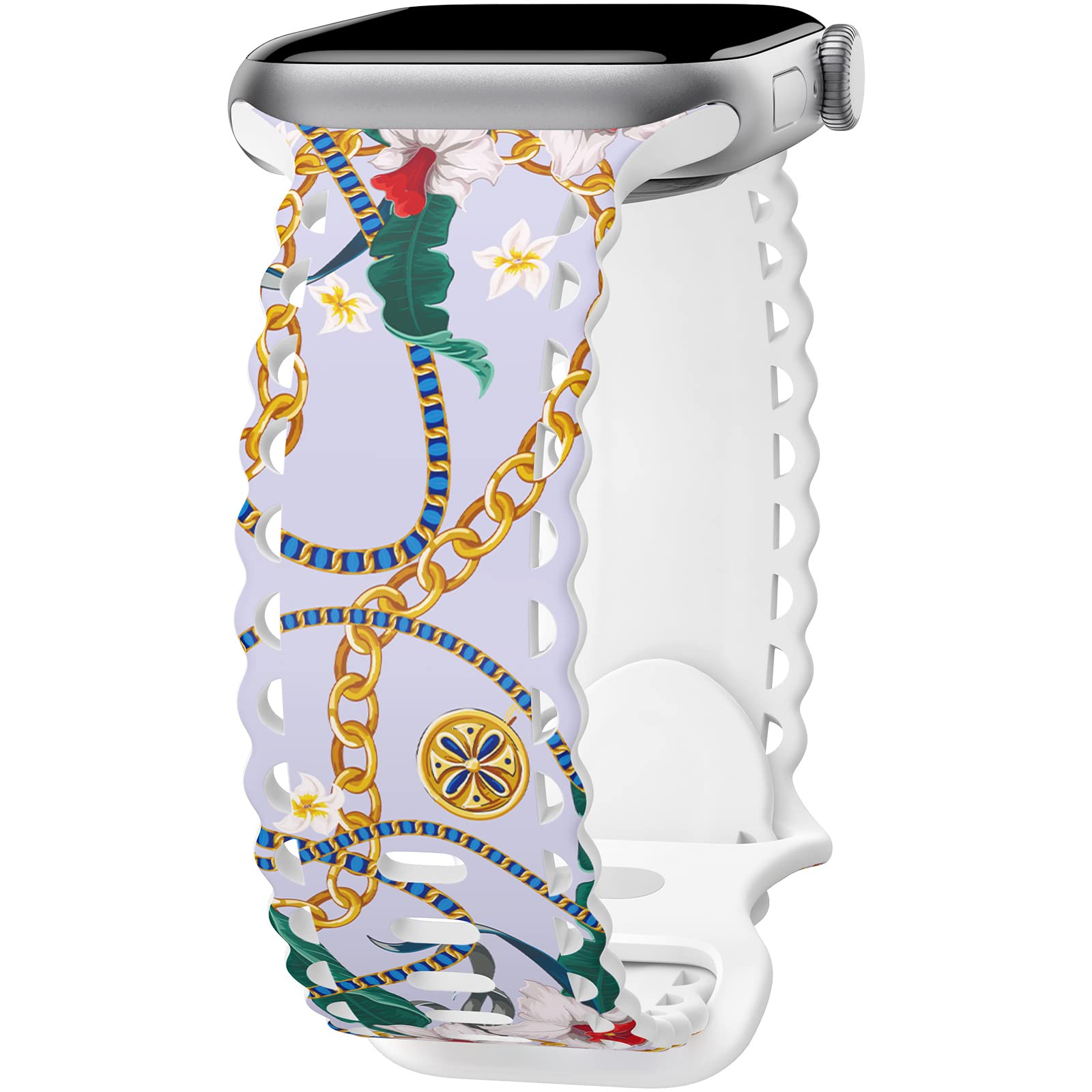 UpfurMach Compatible with Apple Watch Band 41mm 40mm 38mm 49mm 45mm 44mm 42mm Women, Rich Print Lace Hollow-out Soft Silicone Sport Bands For iWatch