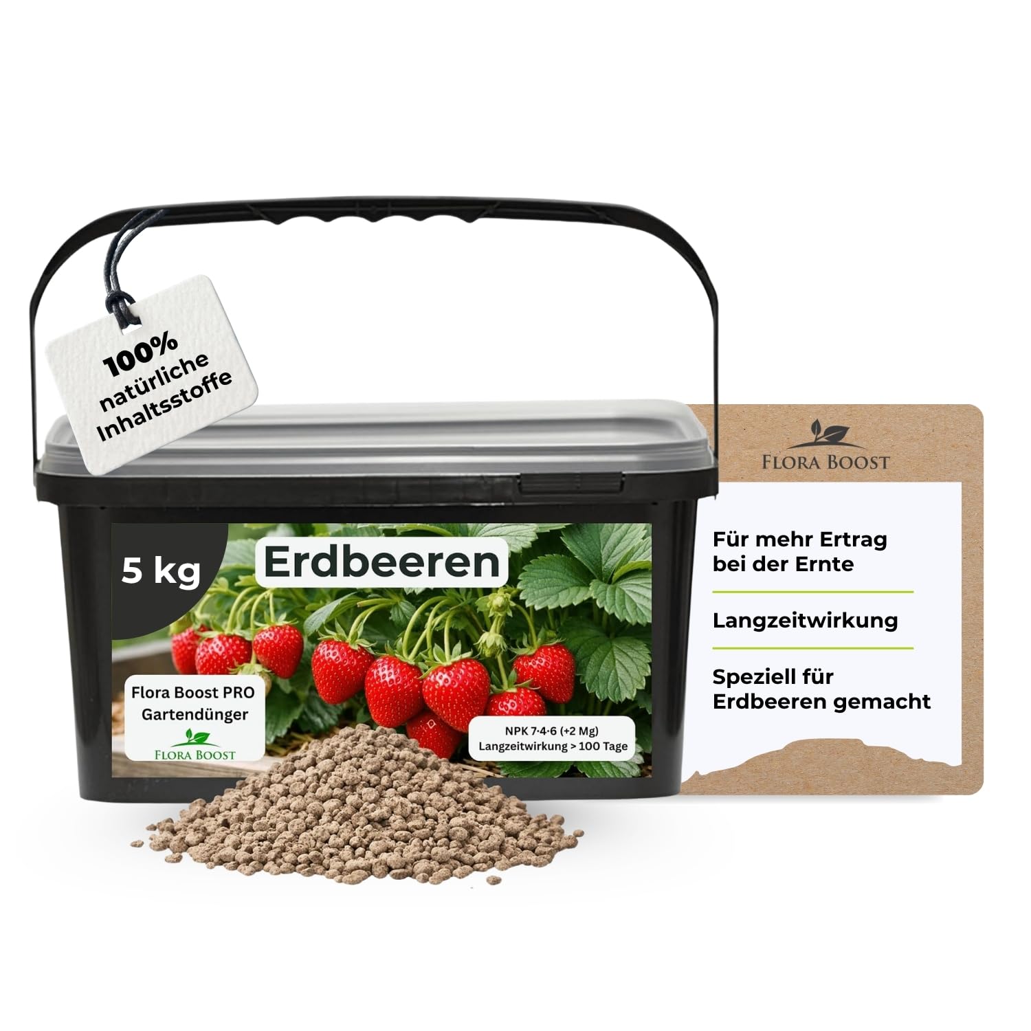 Flora Boost PRO Erdbeer Dünger Langzeitwirkung 5 kg I NPK 7-4-6 Granulat für Erdbeerpflanzen I Organisch-mineralischer Beerendünger für süße Früchte, hohe Erträge & gesundes Wachstum