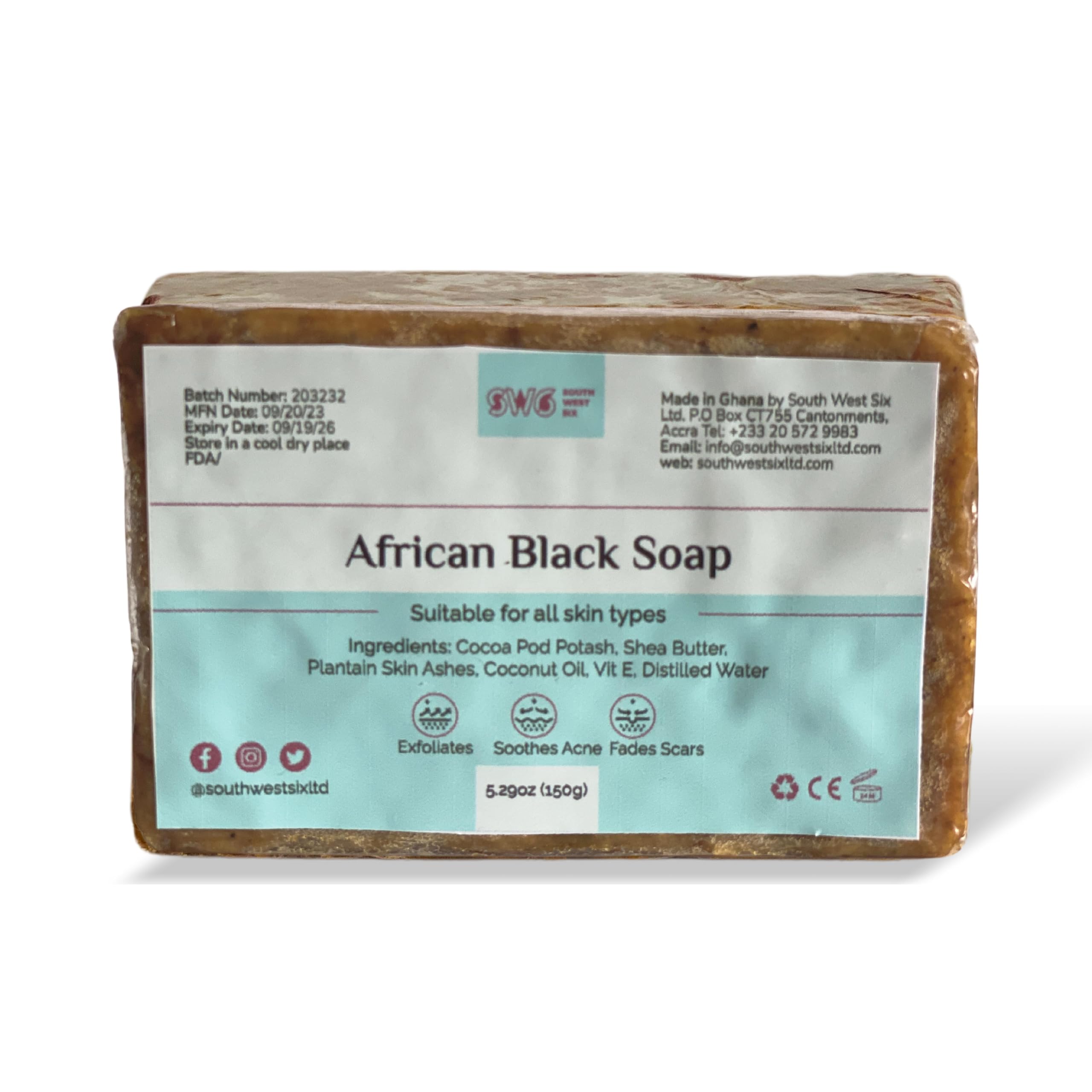 SW6-Authentic African Black Soap Bar, Raw & Organic w/Shea Butter, Gentle Cleansing (5.29oz), Shades of Brown